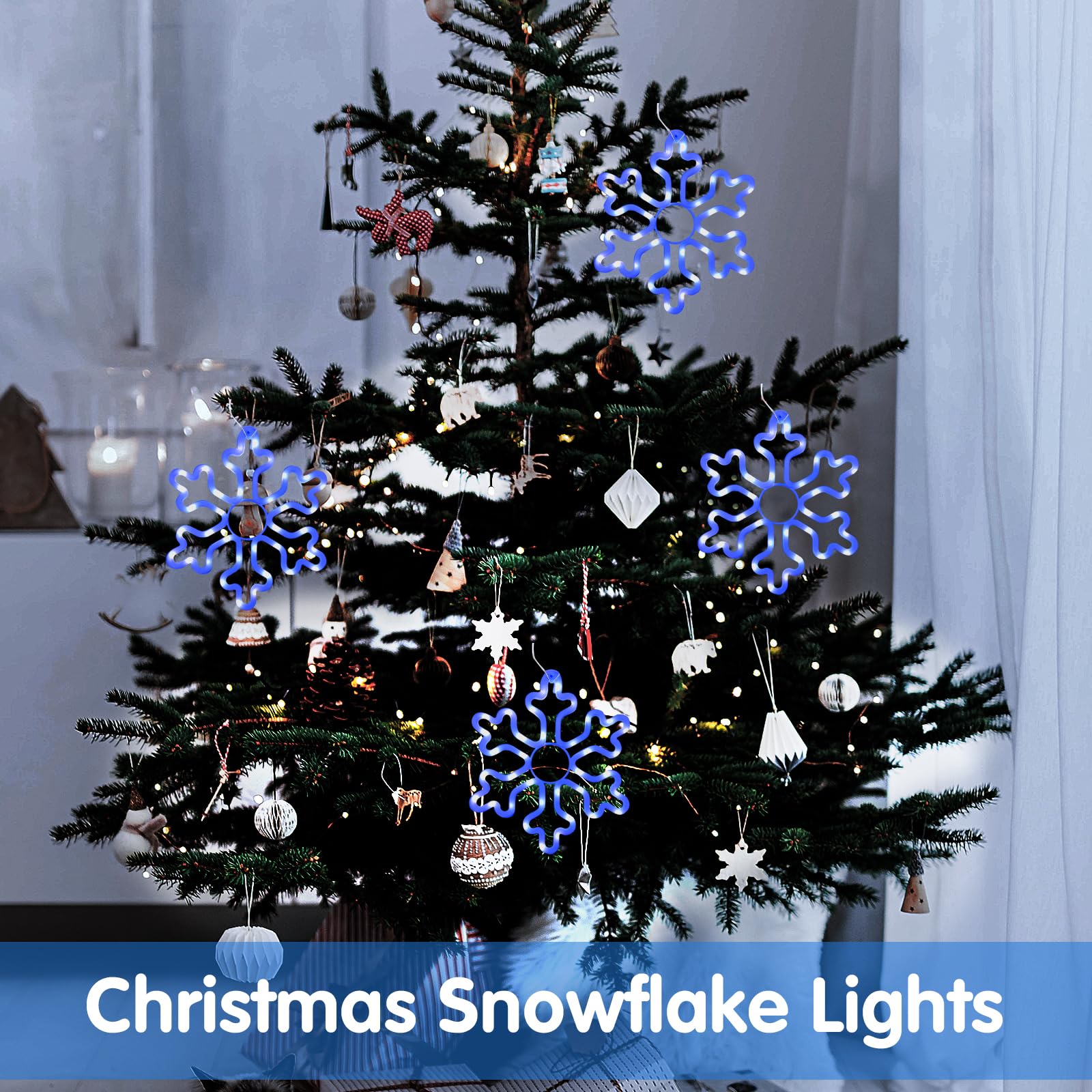 HuiZhen LED Snowflake Lights, 4pcs 144LED Blue String Lights, 8 Modes & Timer for Outdoor Christmas Decorations