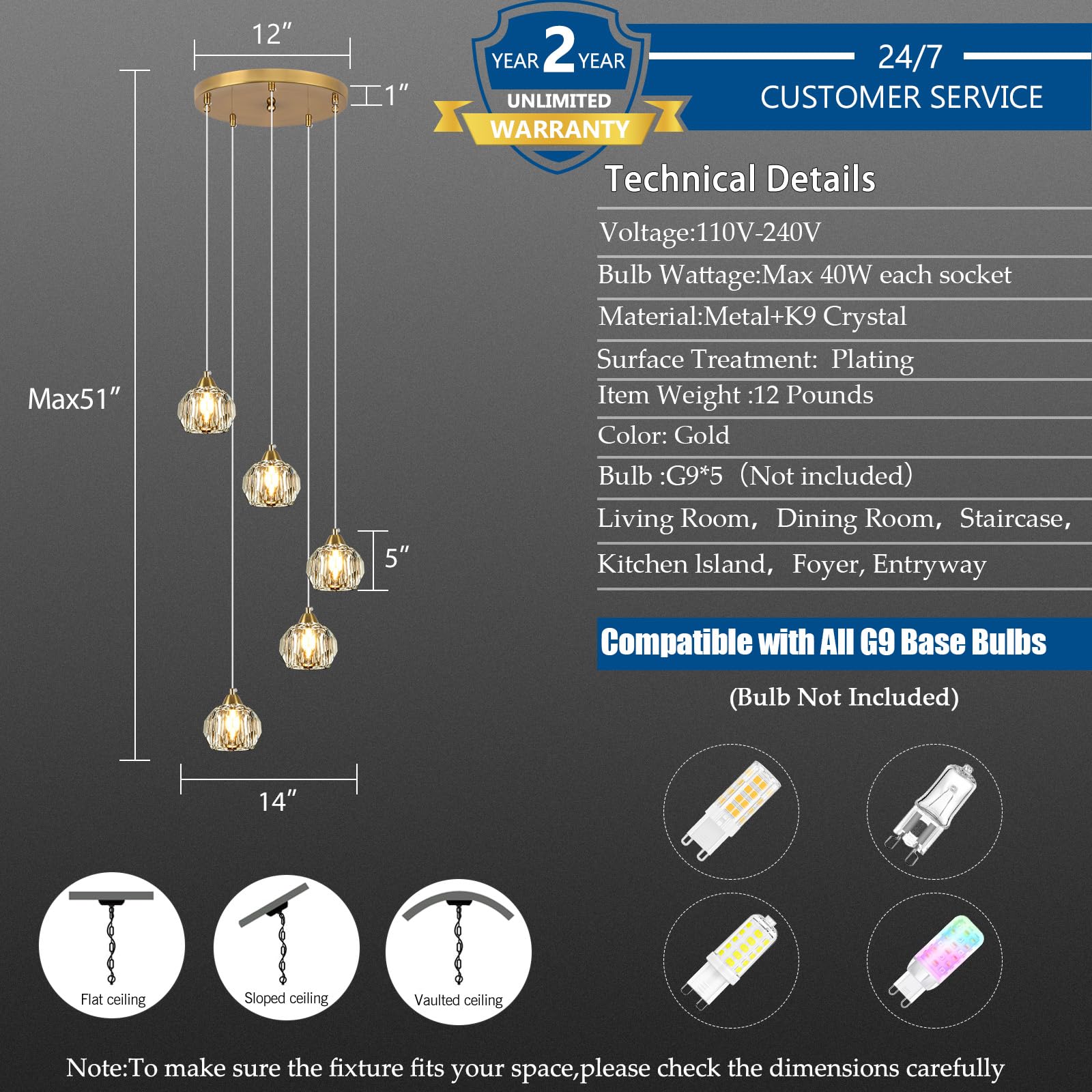 Weesalife 5-Light Crystal Chandelier, Gold Brass Pendant Light Fixture, Model A8817 for Dining Room, Kitchen, Living Room