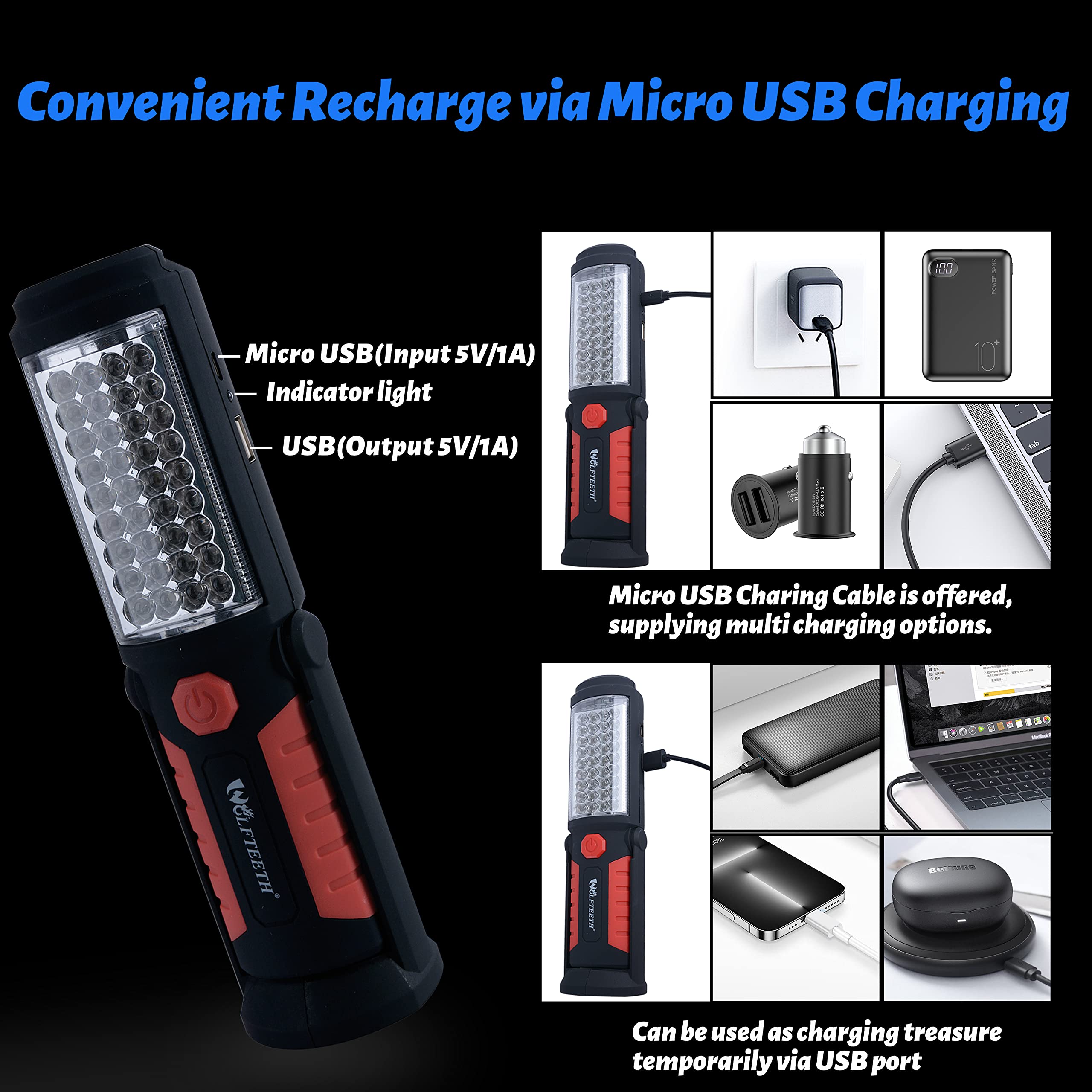 Wolfteeth Led Work Light, Rechargeable Magnetic Flashlights For Mechanics, 360° Rotate Underhood Light, Mens Tools For Fall Autumn Outdoor Camping Hiking Christmas Gift