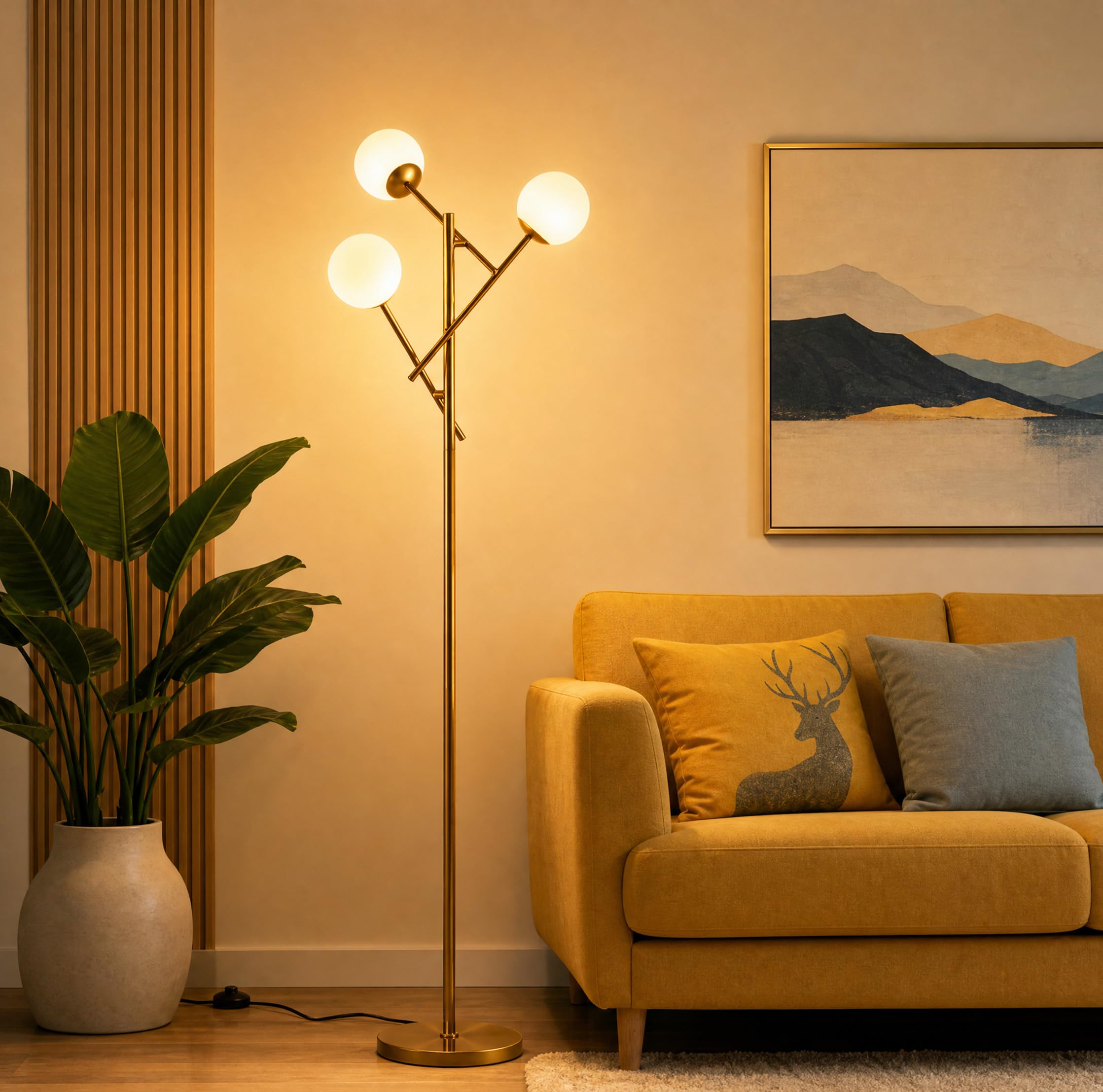 Fiqevs 3-Globe Floor Lamp - Adjustable Mid Century Modern Stand Lamp with Warm White LED Bulbs for Living Room, Bedroom - Antiqu