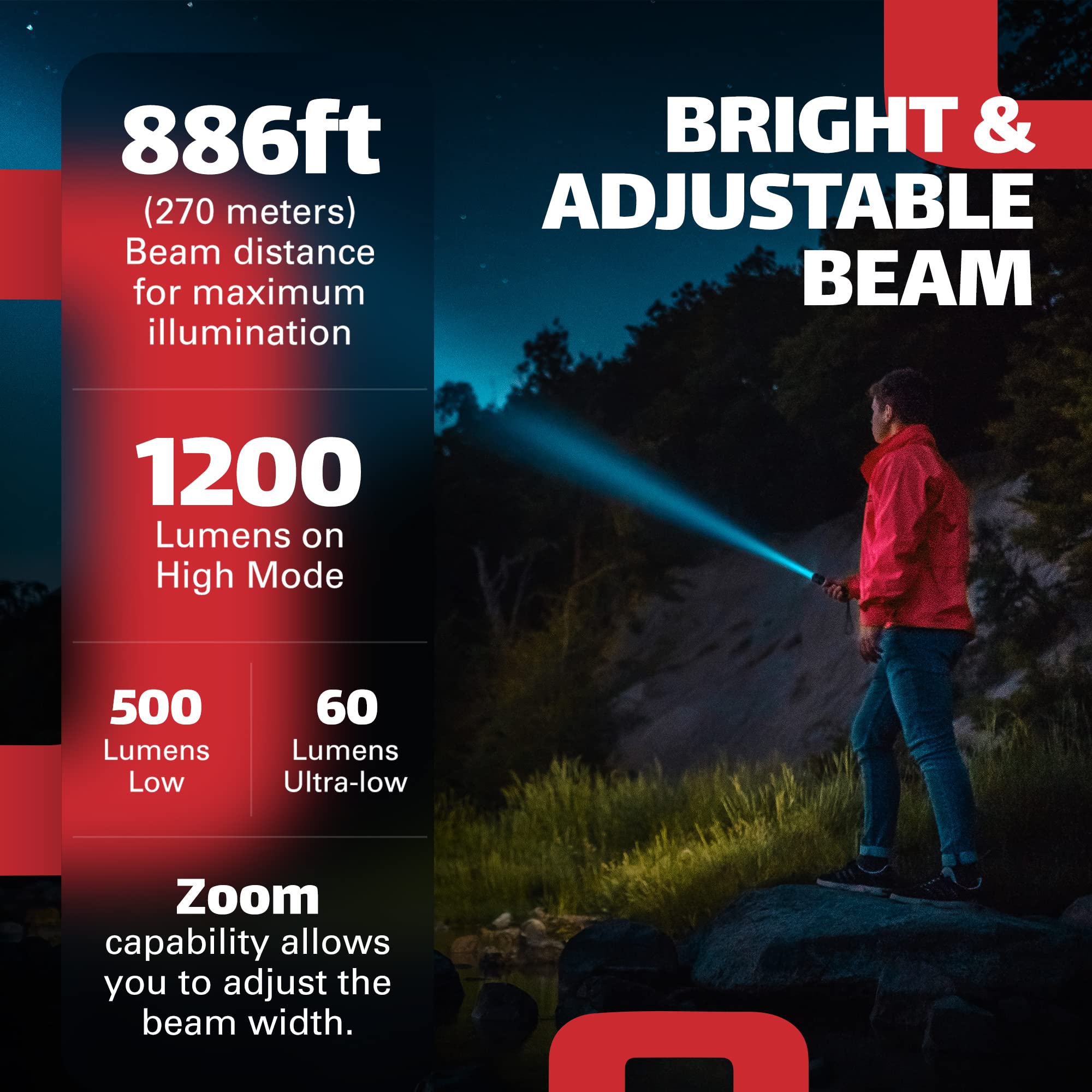 Observer Tools Tactical Flashlight, 1200 Lumens, Rechargeable, Aluminum, Orange, Model FL1000-O, Includes AAA Adapter