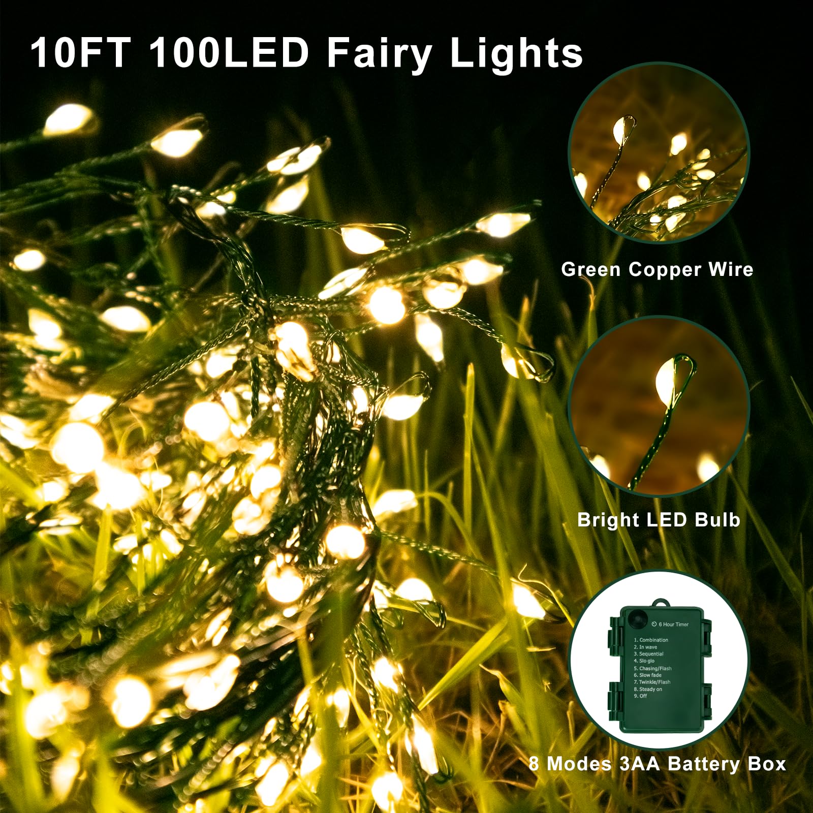 FairyGlim 2Pack Outdoor Fairy Lights 100LED Warm White Copper Wire, 10ft, 8 Modes & Timer, Twinkle String Lights for Christmas & Weddings
