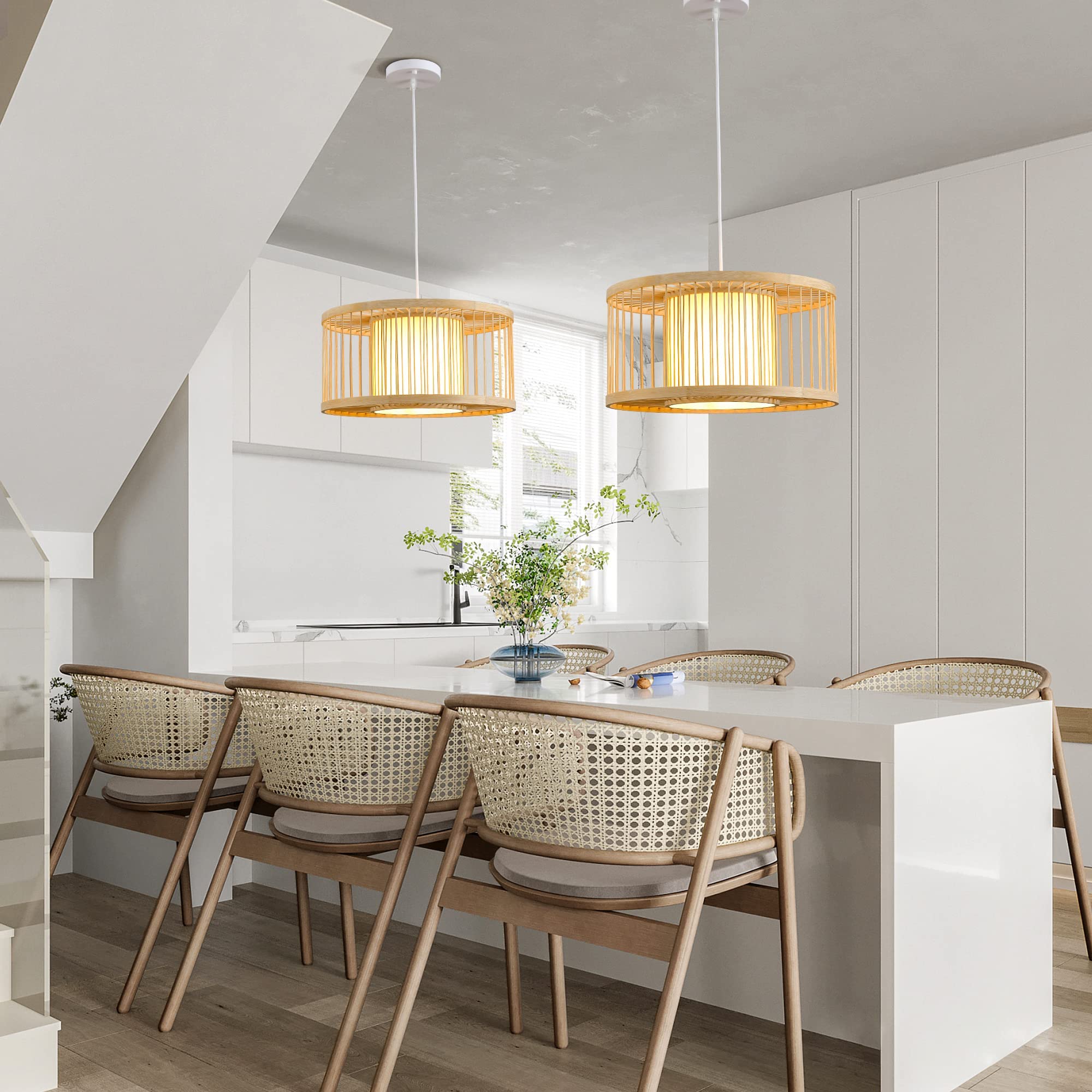 Karjearl Rattan Pendant Lights, 15.8'' Boho Wicker Pendant Light Handwoven Rattan Chandelier Beach Country Natural Hanging Light