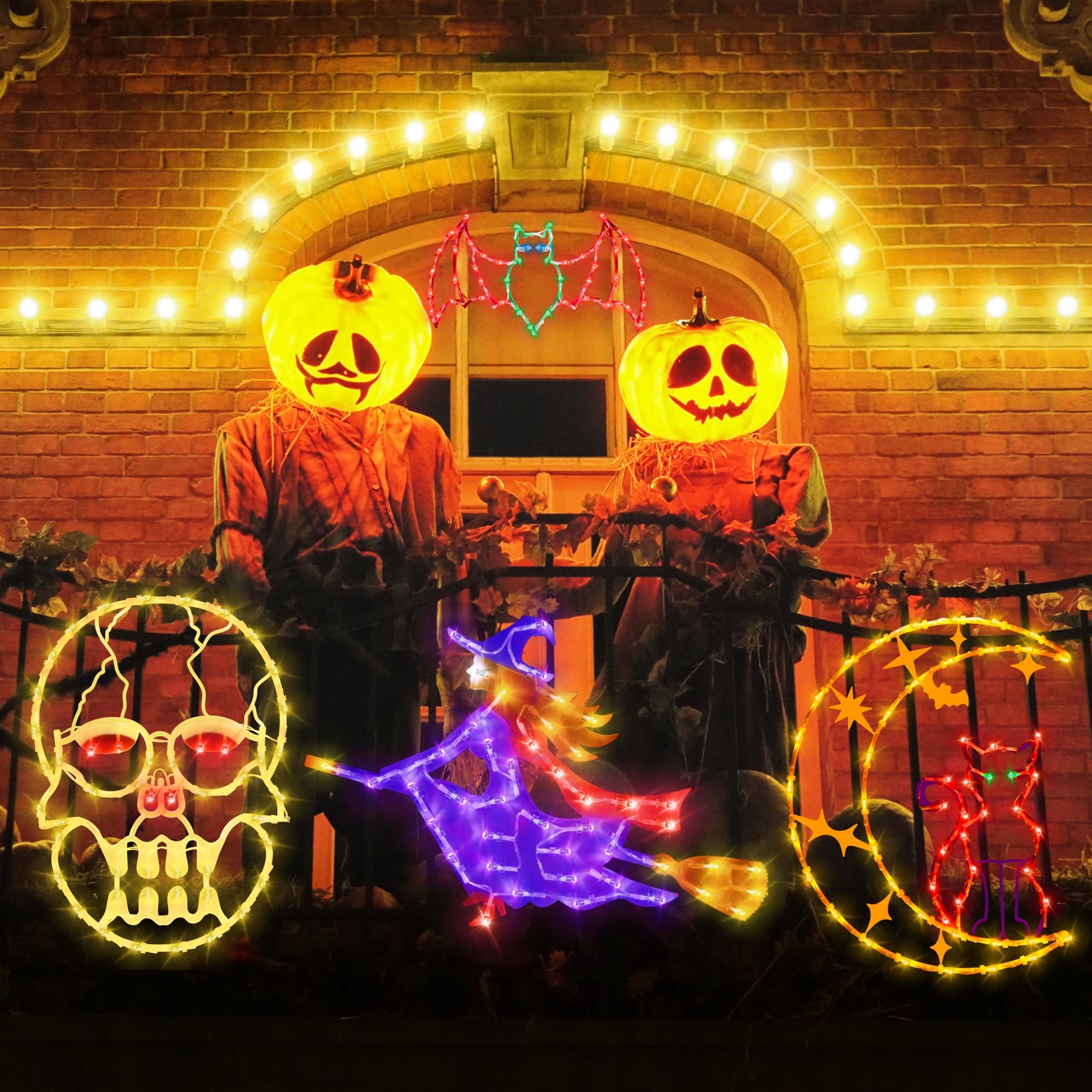 Pytopkto Halloween Decorations16 Halloween Window Silhouette Lights Decorations - 4 Pack Colour Lighted Witch & Bat & Skull Head & Cat On Moon For Holiday Indoor And Outdoor Wall Door Window Decorate