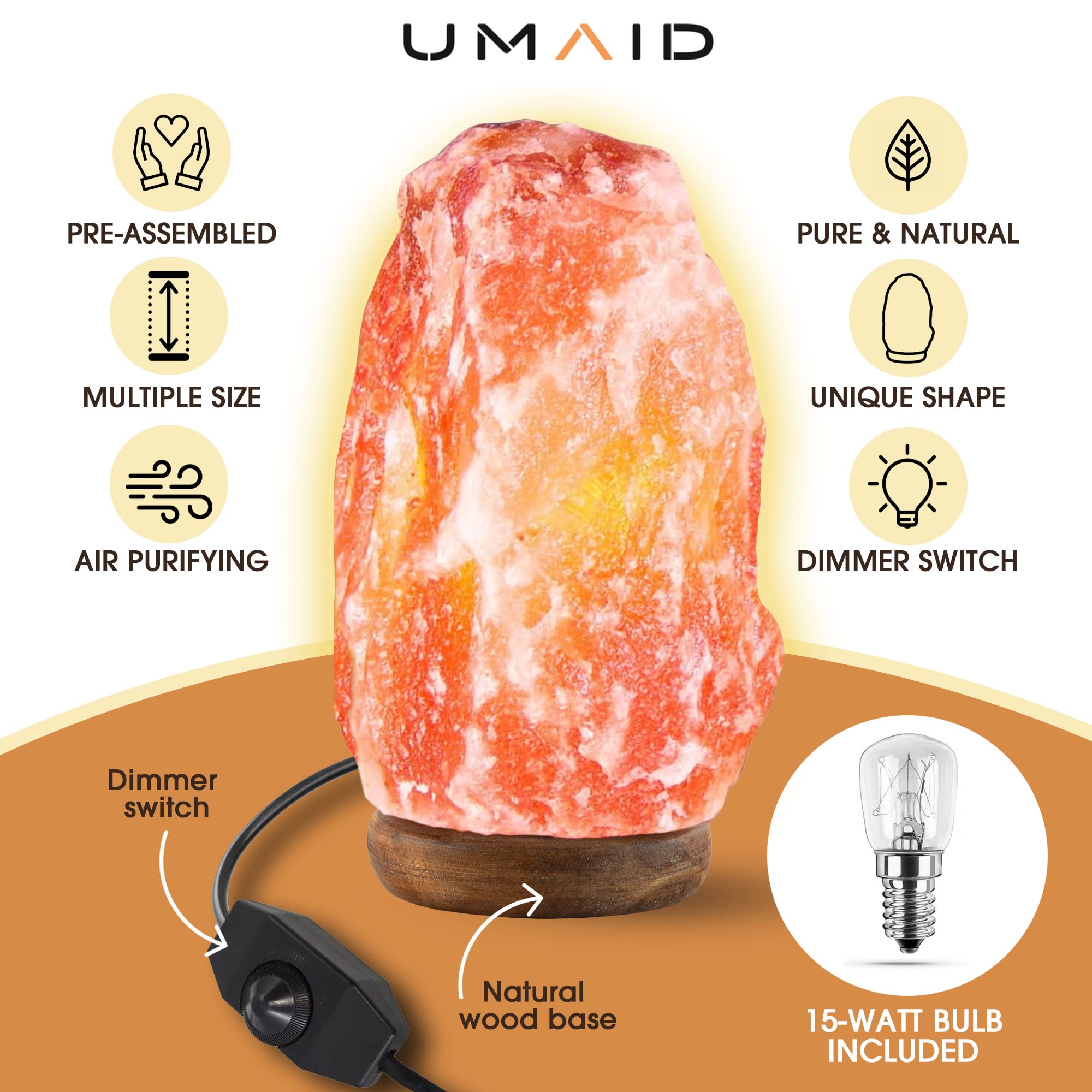 Umaid Himalayan Salt Lamp 8-10 Inch, Dimmable Switch, Wooden Base, Natural Pink Rock Salt