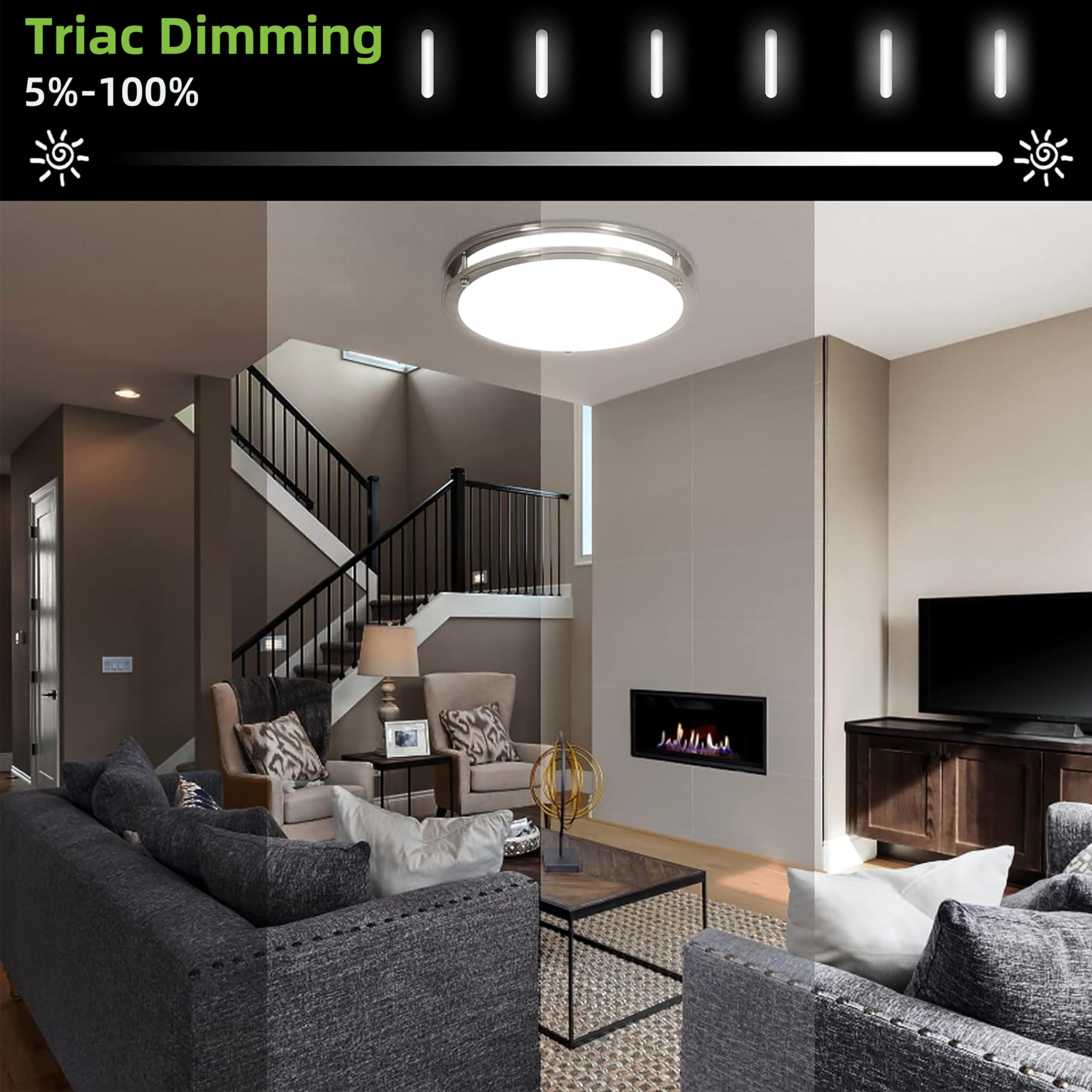 Hykolity 16 Inch Dimmable Led Flush Mount Ceiling Light Fixture, Brushed Nickel, 36W, 2200Lm, 2.7/3/3.5/4K/5K Adjustbale, 120Lig