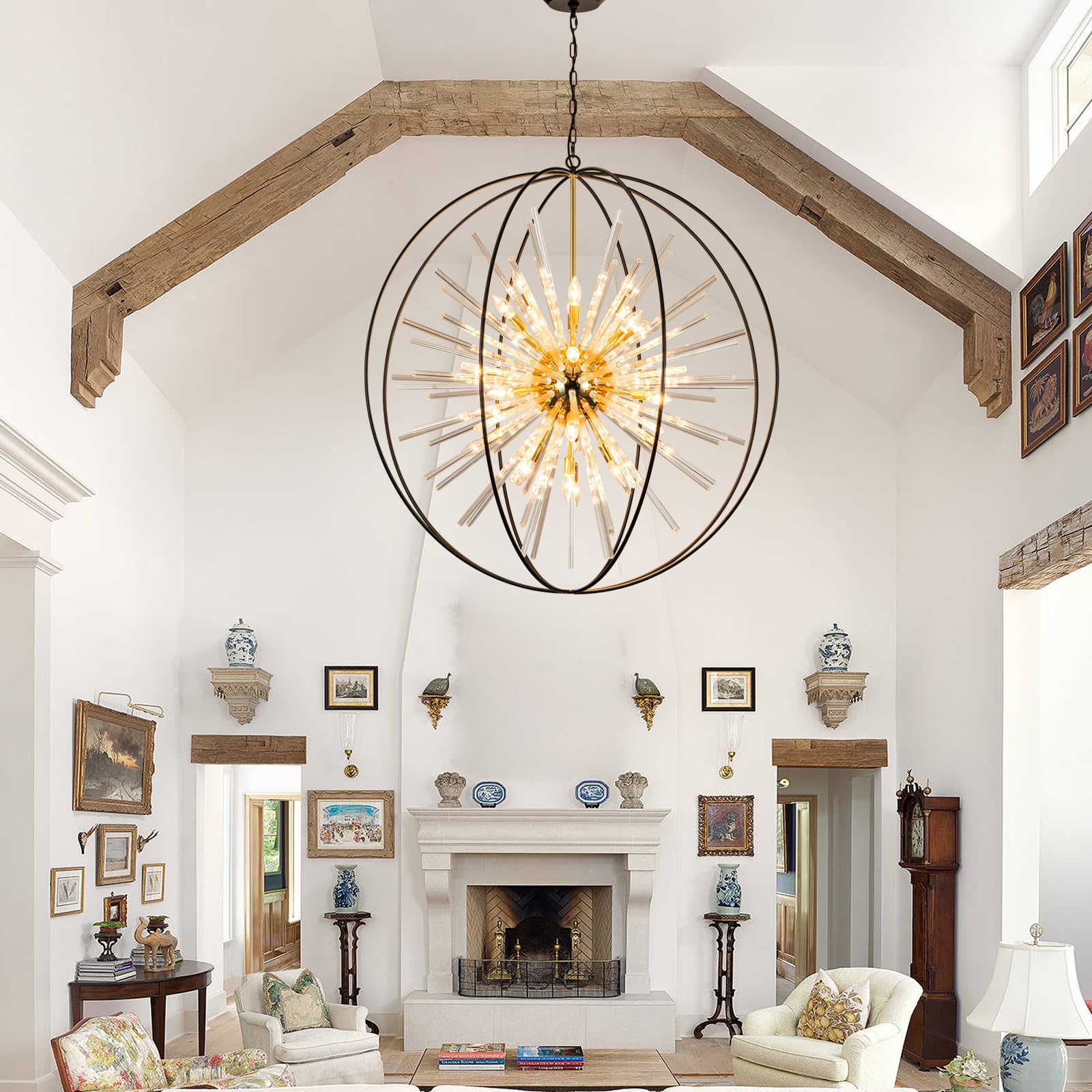 Vezzio 42" Black and Gold 24-Light Globe Chandelier for High Ceilings - Modern Crystal Lighting for Entryway, Foyer, Kitchen, Dining Room