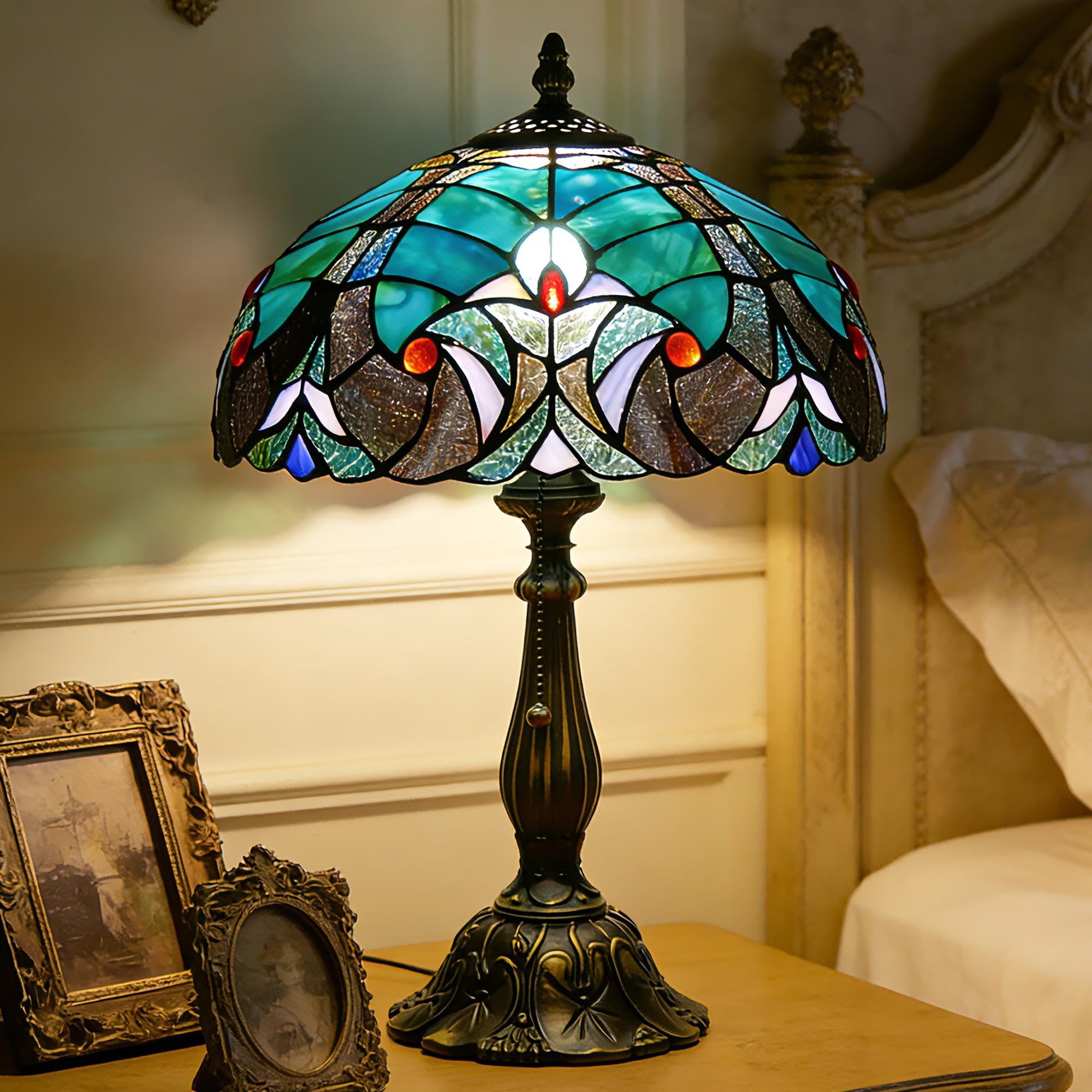 WFAYNTIFL Tiffany Lamp Stained Glass Table Lamp Antique Bedside Reading Light W12H19 Inches (Green Liaison)