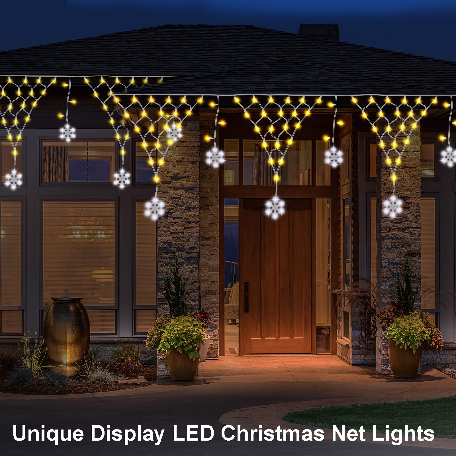 Dbfairy Christmas Net Lights Outdoor 207 Led Net Lights 13.1Ft(L) X1.9Ft(H) With12Pcs Snowflake Drop Plug Dimmable Waterproof 8