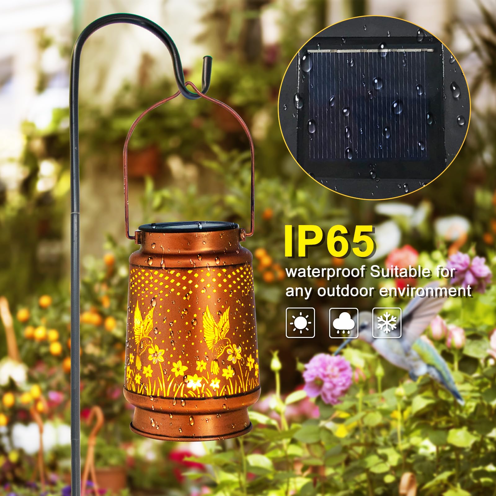 4 Packs Solar Lanterns Outdoor Hanging Lantern Lights, 4 Hummingbirds Hollowed-Out Metal Decor Lantern, Waterproof Led Decorativ