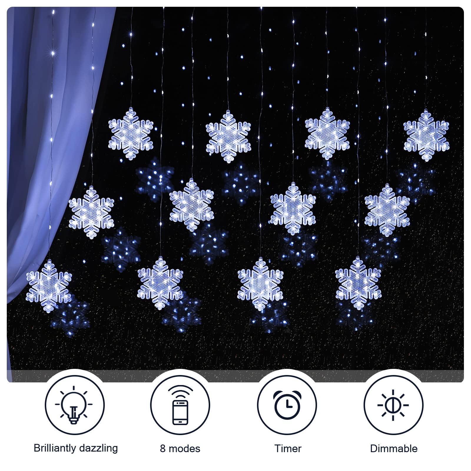 Bloomwin Window Lights Christmas Decor 10Ft 12 Snowflakes Icicle Lights Usb Christmas Curtain Lights For Bedroom Indoor Wall Winter Decorations For Home Church Wedding Birthday, 8 Modes, Cool White