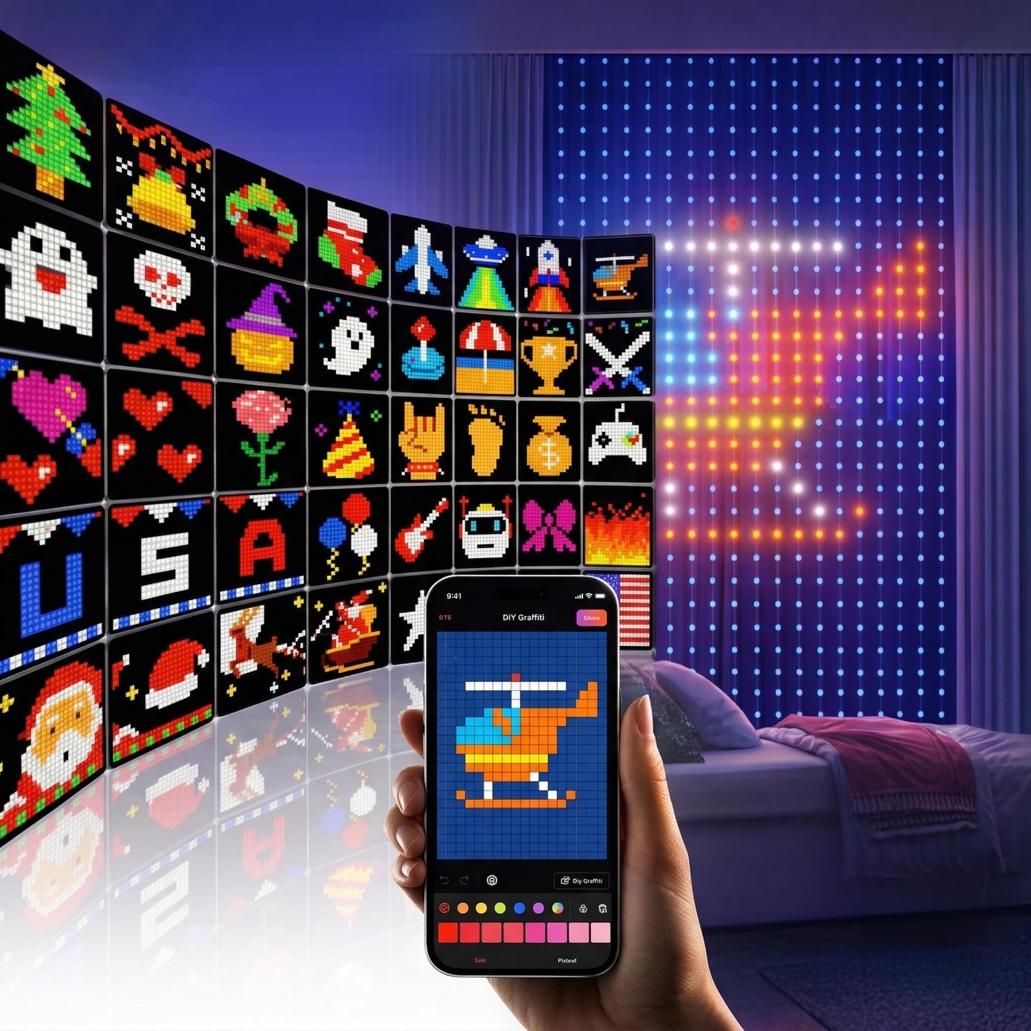 YEELIGHT Smart Curtain Lights, 5x6.5 Ft, 475 LEDs, APP Control, 100+ DIY Graffiti, 20+ GIF Scene Modes, RGB Dynamic String Light