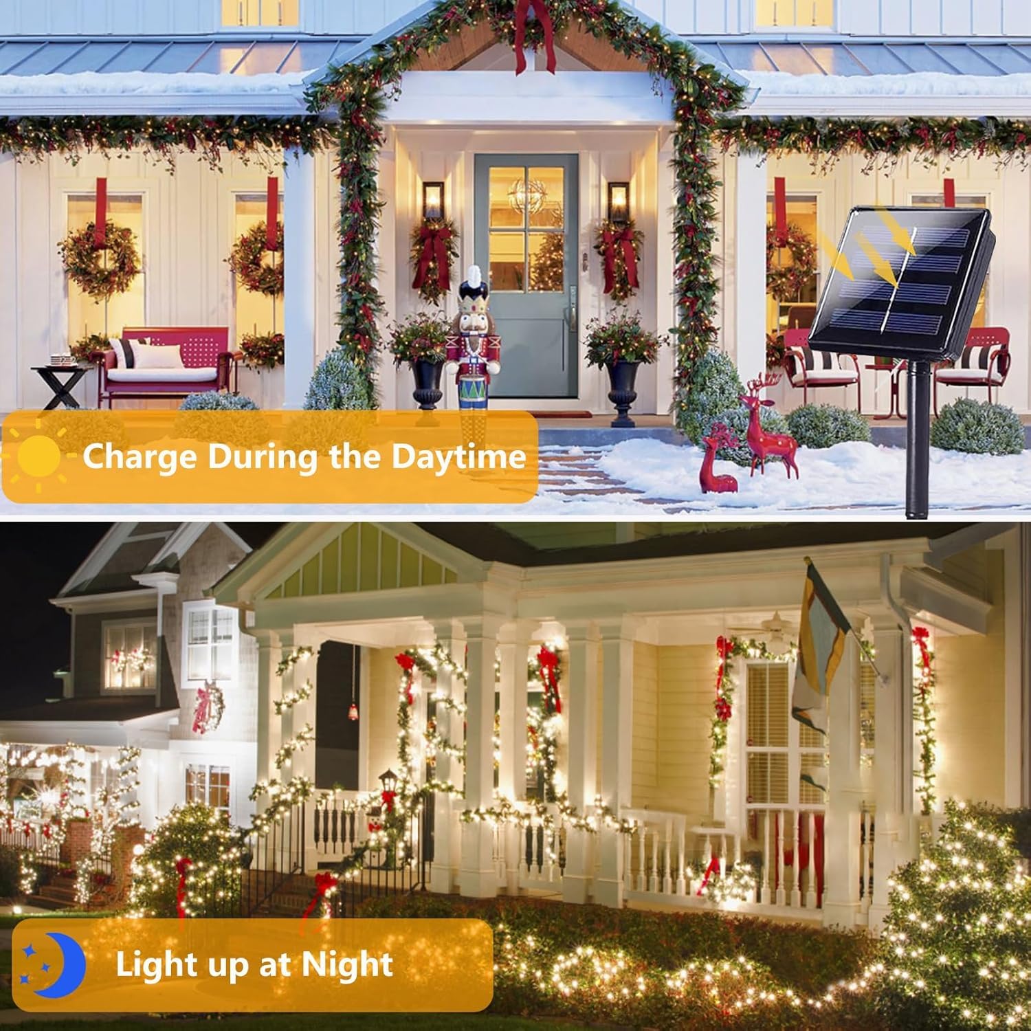 SANJICHA Solar Christmas Lights, 2 Pack 90FT, 160 LED, Warm White, Waterproof, Green Wire, 8 Lighting Modes, Model SSLGW