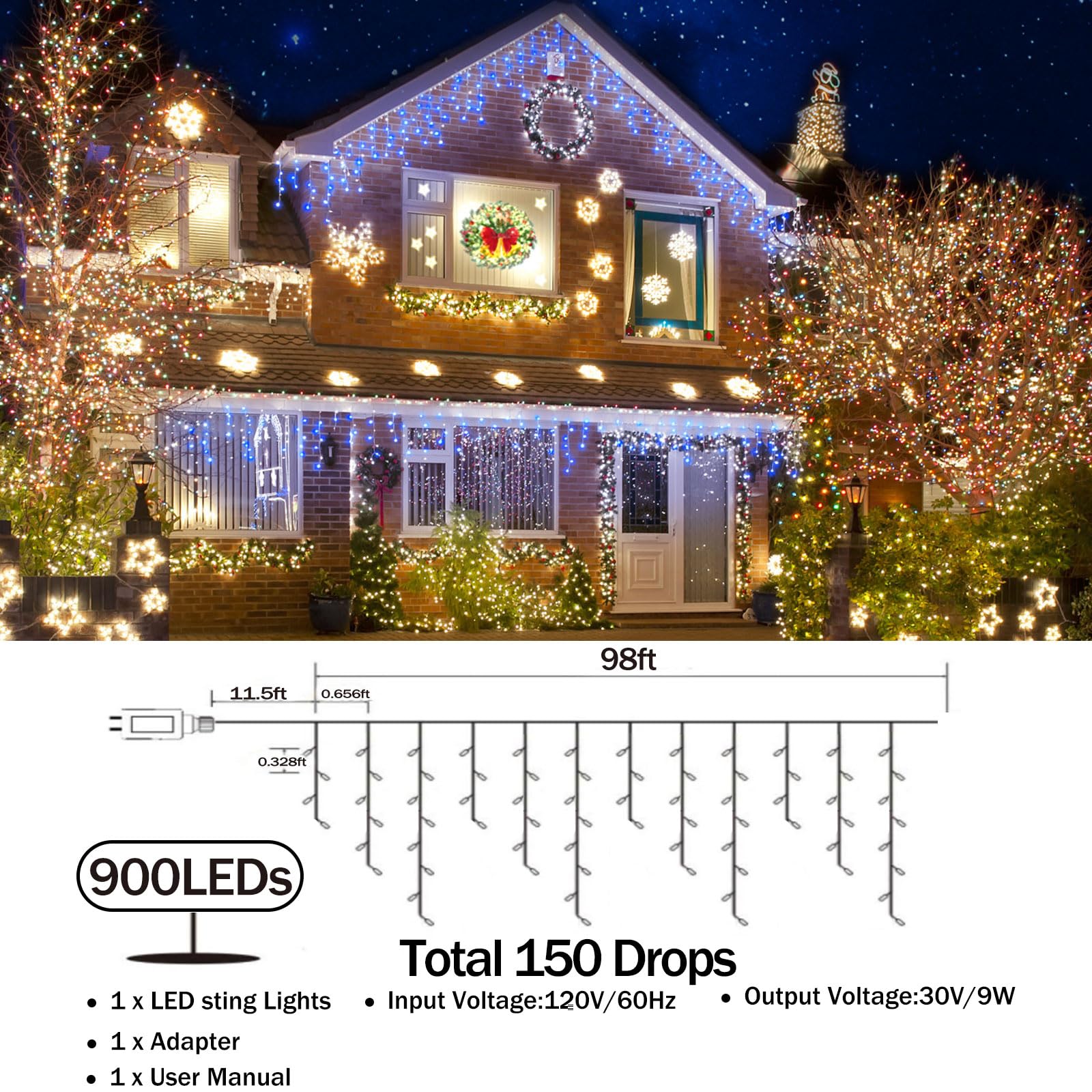 Qhlxjyy 100 Ft Christmas Lights Outdoor Decorations 900 Led 8 Lighting Modes With Timer Memory Waterproof Fairy String Light With 150 Drops Christmas Light For Party Holiday Wedding Decor Blue