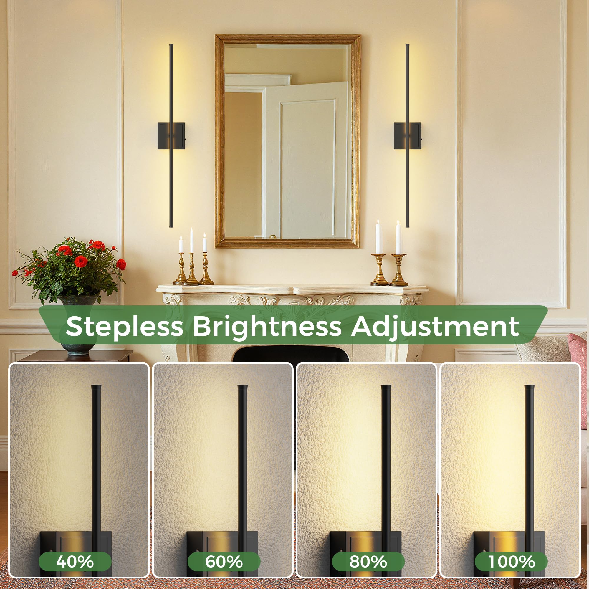 DORESshop Battery Operated Wall Sconces Set of 2, Dimmable, 31.6 Inch, Black Metal, with Remote Control