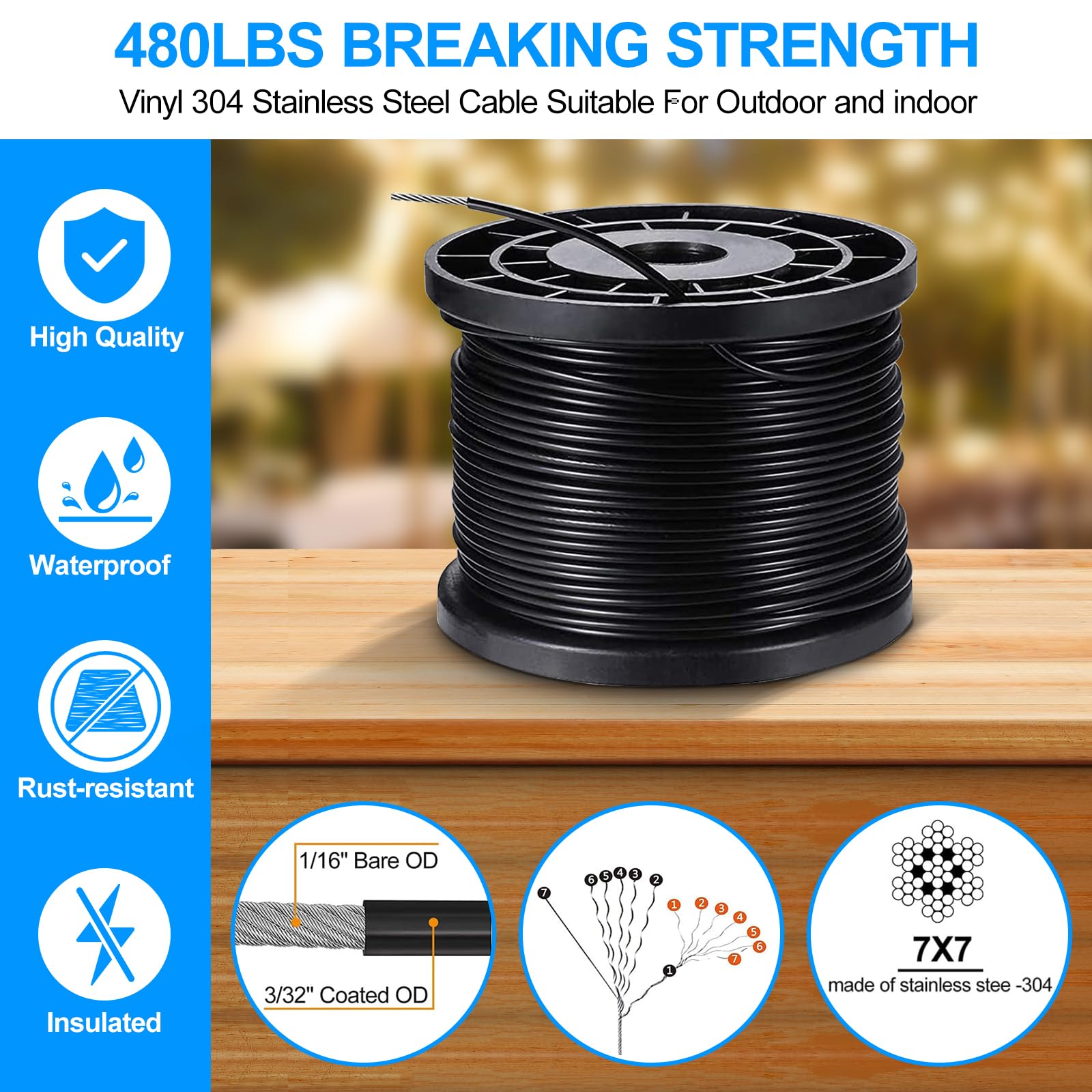 Ugarden Upgraded Outdoor String Light Hanging Kit, 170Ft Globe String Light Suspension Kit W/Expansion Hook, Stainless Steel 304 String Light Guide Wire, Black Guy Wire Kit For Wedding Dinner Barbecue