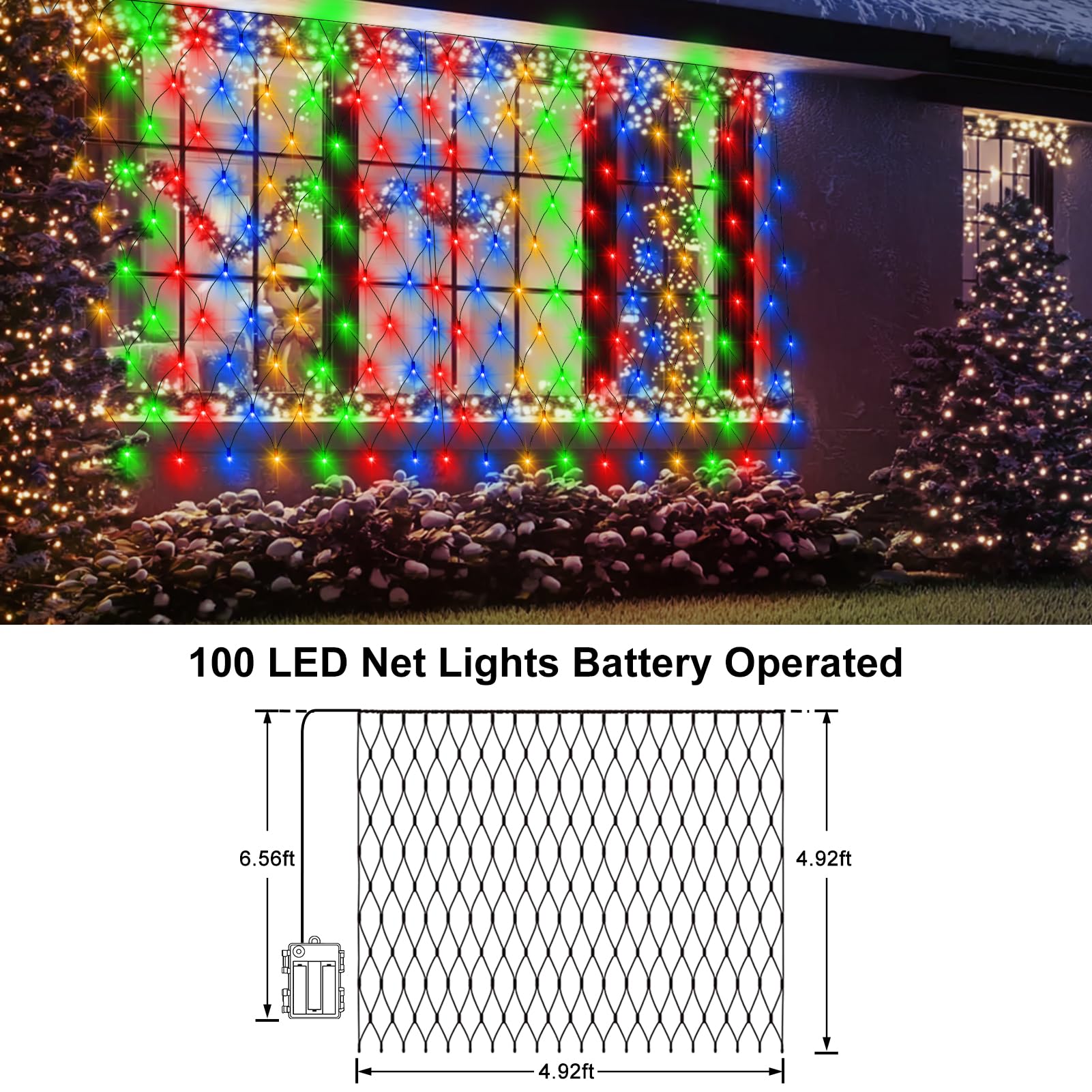 Battery Operated Outdoor Mesh Lights, 100 Led Dual Color Changing Net Bush Lights 5X 5Ft Green Wire Net Lights With Remote For G