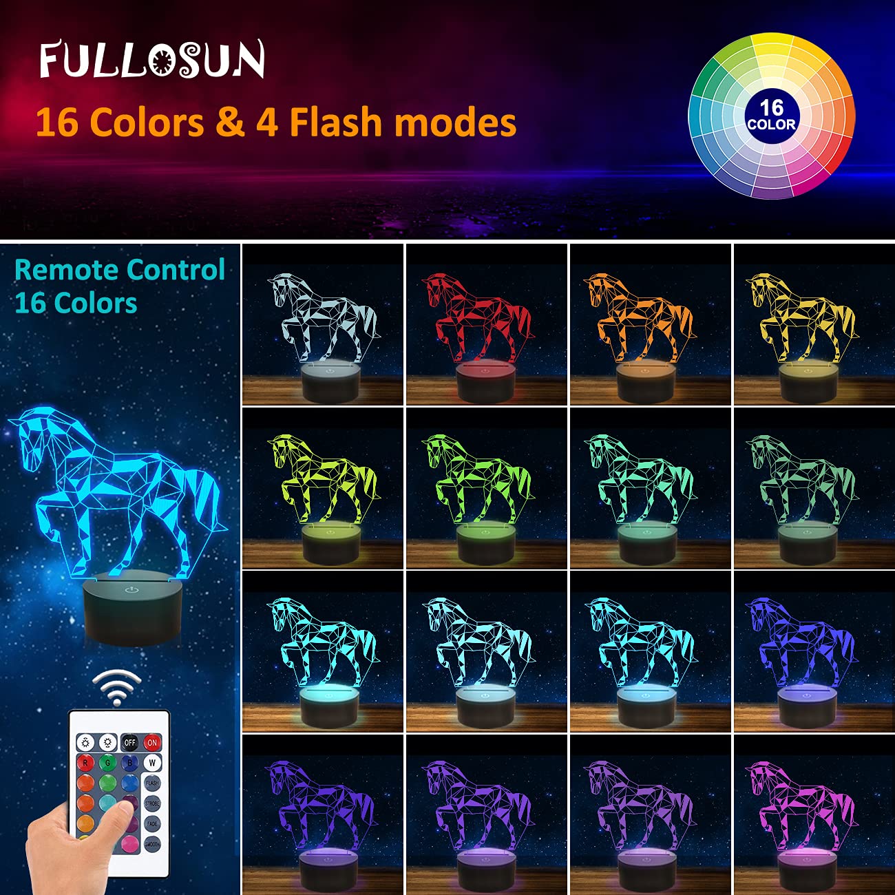 Fullosun 3D Horse Night Light For Kids, 16 Colors, Remote Control, Blue Bedside Lamp