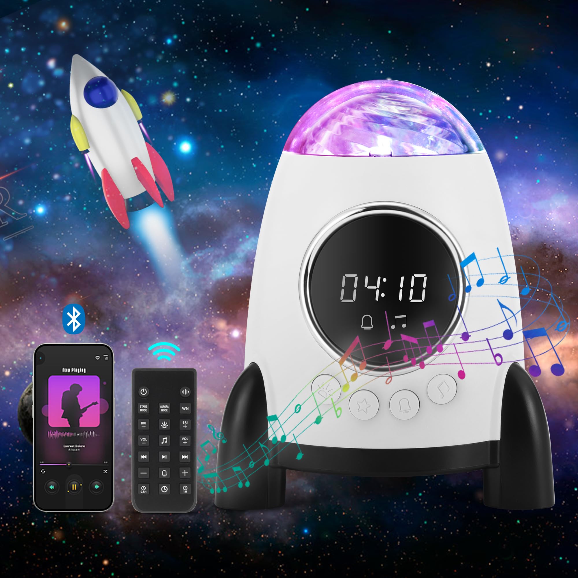 Konchile Star Projector With Alarm Clock,Rocket Galaxy Projector For Bedroom, Bluetooth Speaker And White Noise Aurora Projector