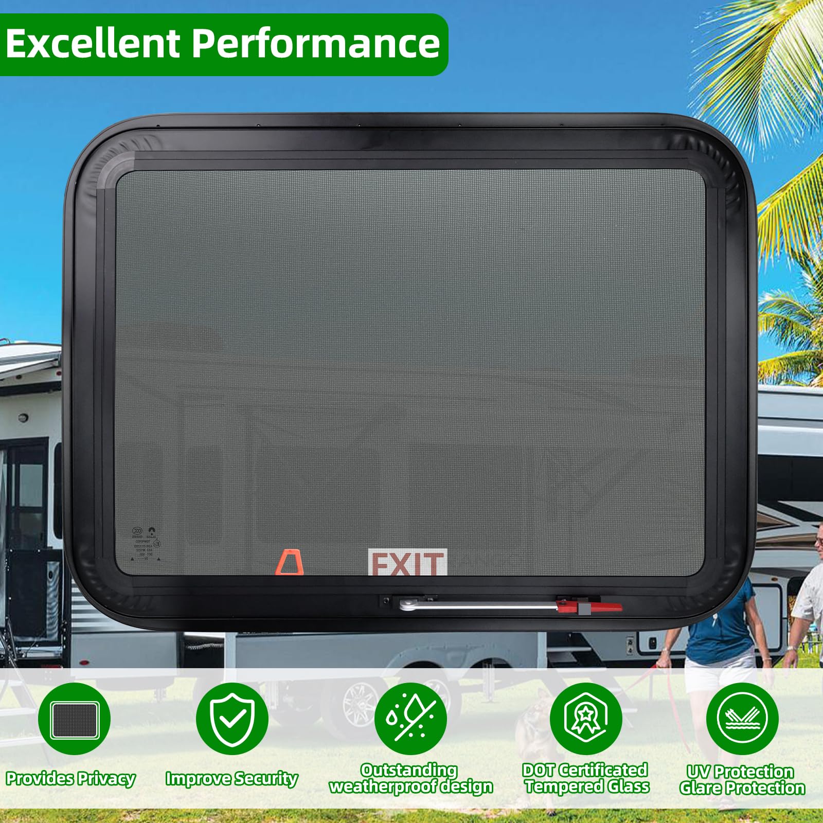 NOVINO RV Emergency Window Replacement, 30in x 22in, Black, Model NRW-008, Fits 1in or 1-1/2in Thick Wall, DOT Approved