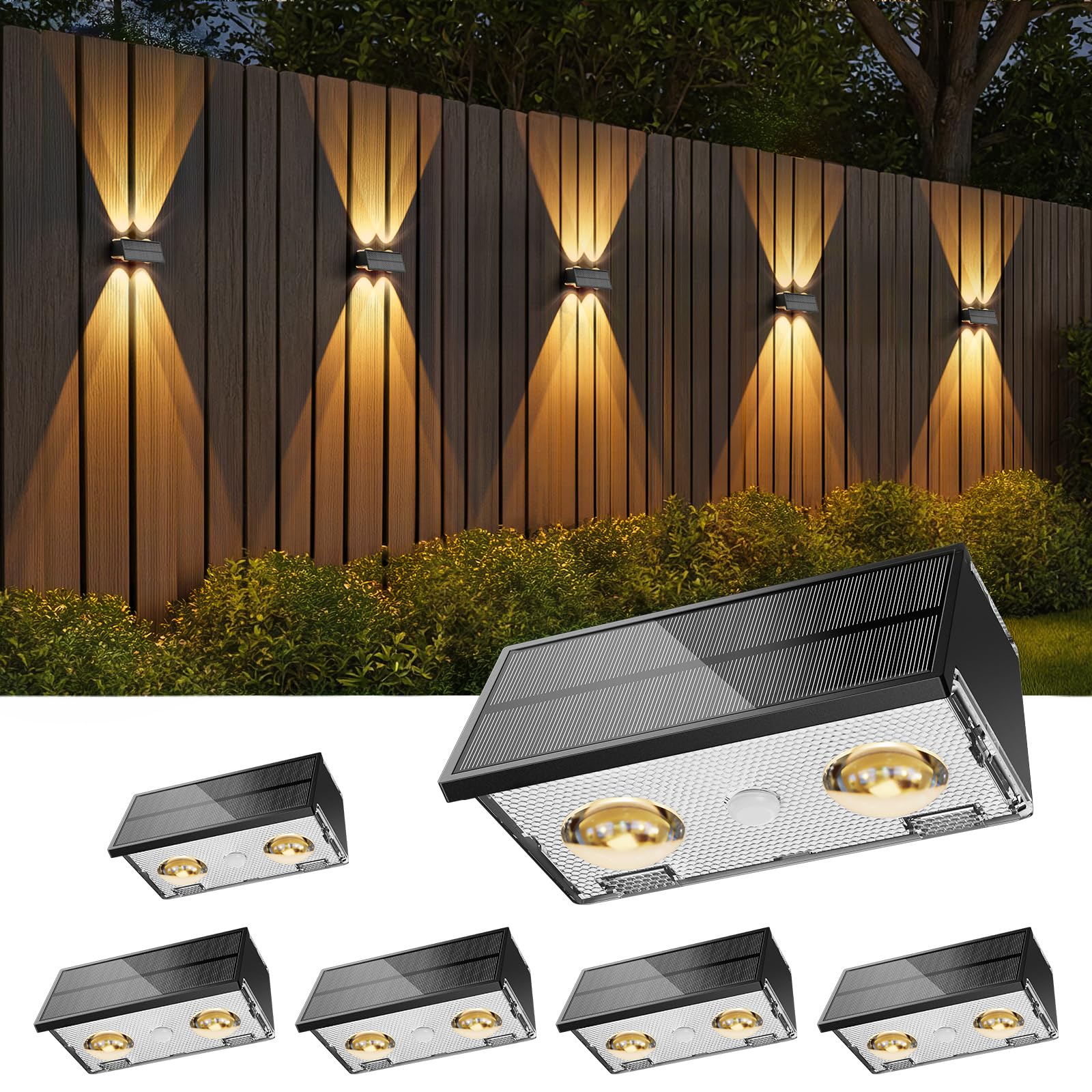 Bridika Solar Fence Lights Outdoor, 6 Pack Up And Down Wall Light, 8 Colors Lens Led Dusk To Dawn Solar Lights Outdoor Waterproo