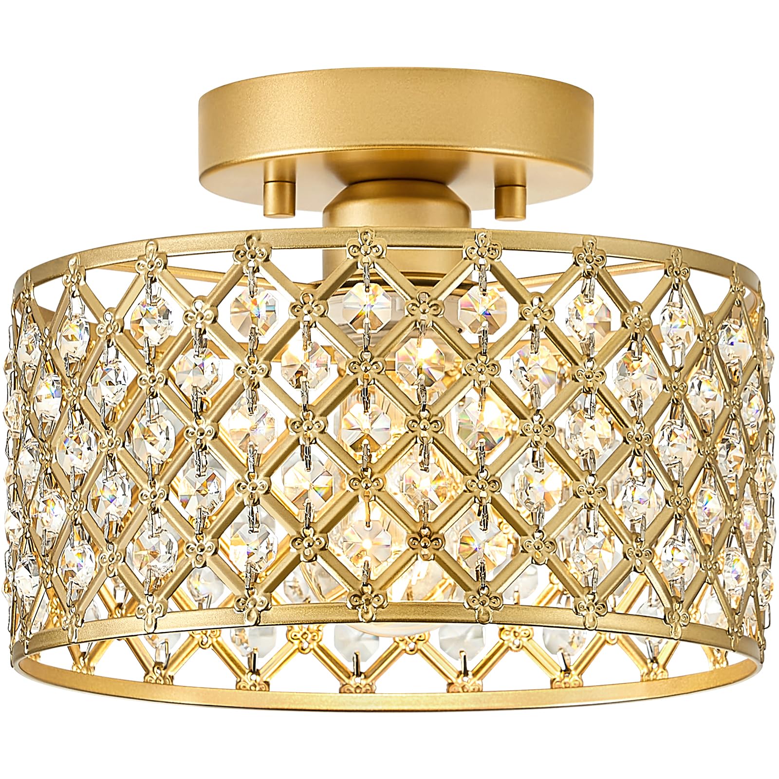 Gold Crystal Ceiling Light Fixture,Modern Semi Flush Mount Ceiling Lighting Fixture,Round Small Chandelier For Hallway, Entryway