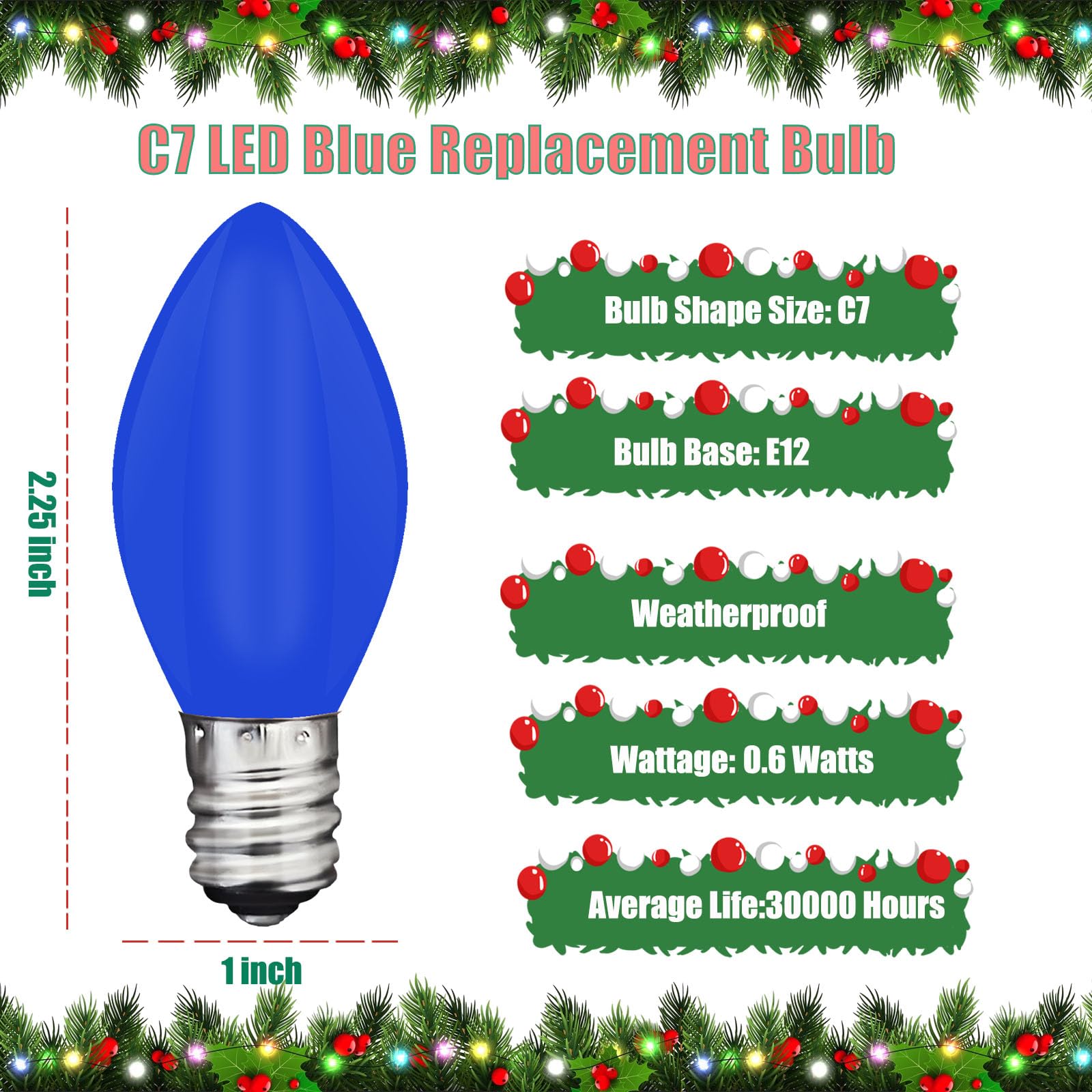 25 Pack C7 Led Blue Replacement Light Bulbs, Blue Christmas Outdoor String Lights Bulbs, Shatterproof Led Night Light Bulbs, E12