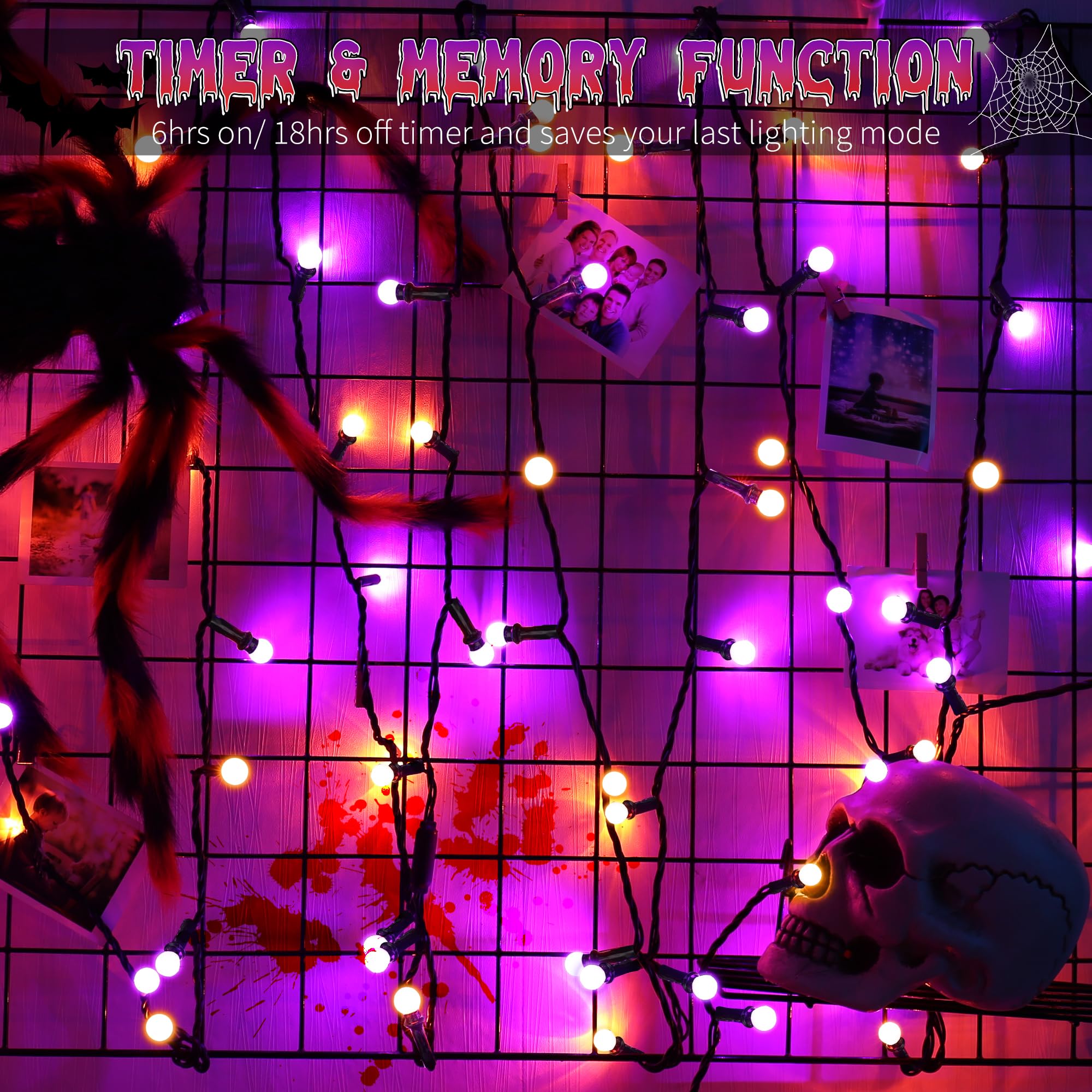 Odeetronic Halloween Lights, 65.6Ft 200 Led Purple & Orange Globe String Lights, Connectable Berry String Lights, 8 Modes Ball Lights With Timer, Outdoor Halloween Lights For Graden Tree Party Bedroom