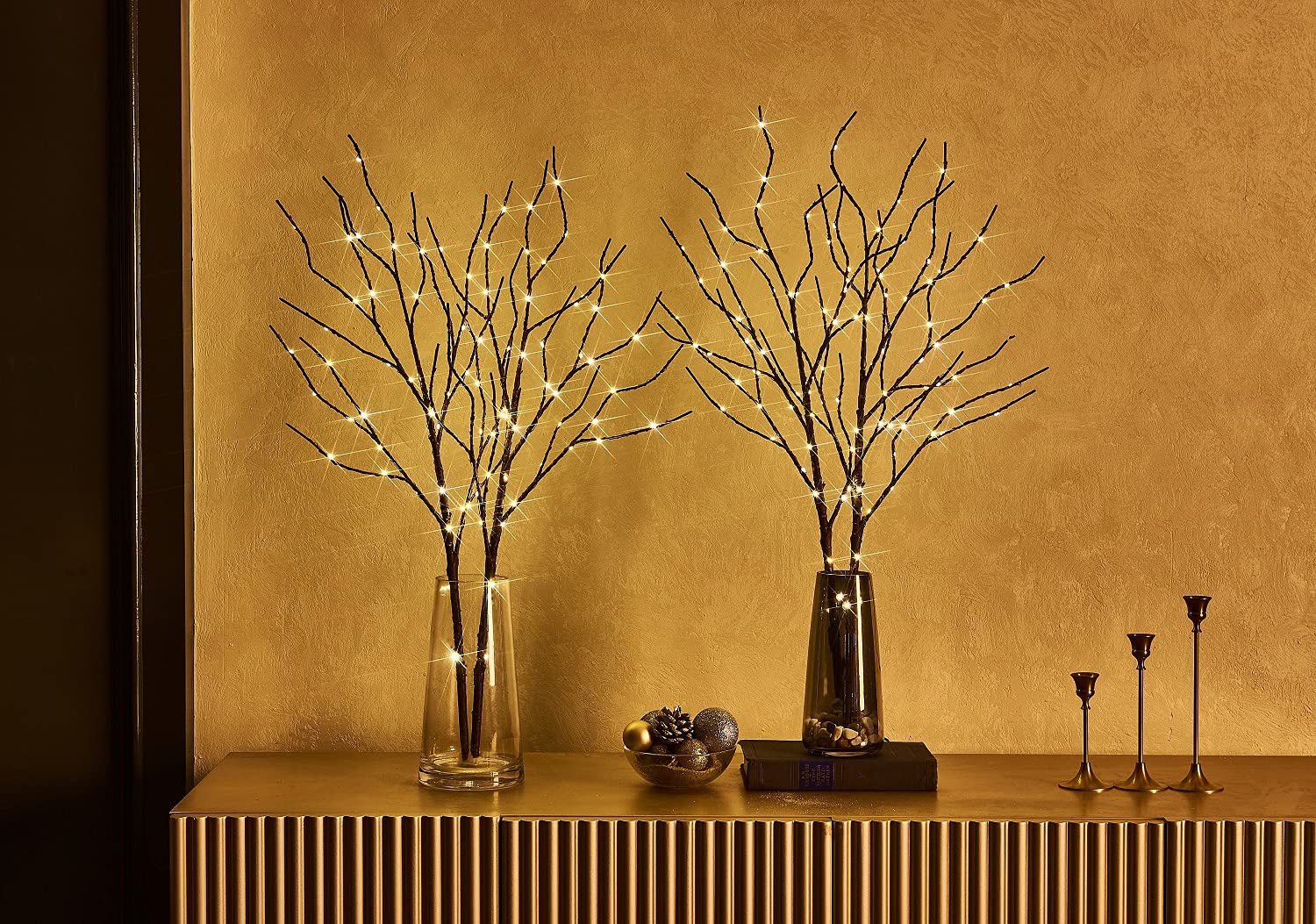 Fudios Battery Operated Branch Lights with Timer, 100 LED, 32IN, Brown, 2 Sets for Indoor Outdoor Decor