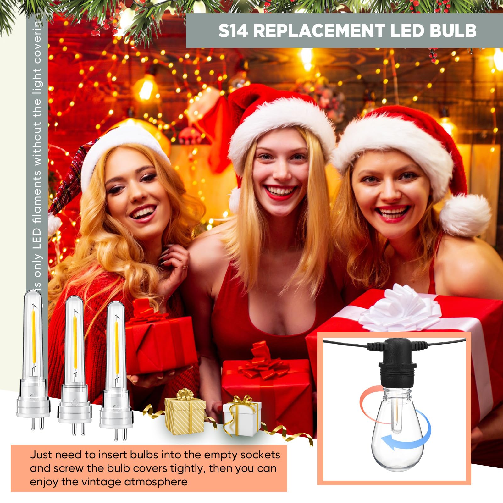 Rossesay S14 LED String Light Bulbs, 12 Pcs, 1.5W Waterproof, Warm White, 2700K, 120V Replacement for Outdoor Patio, Model X