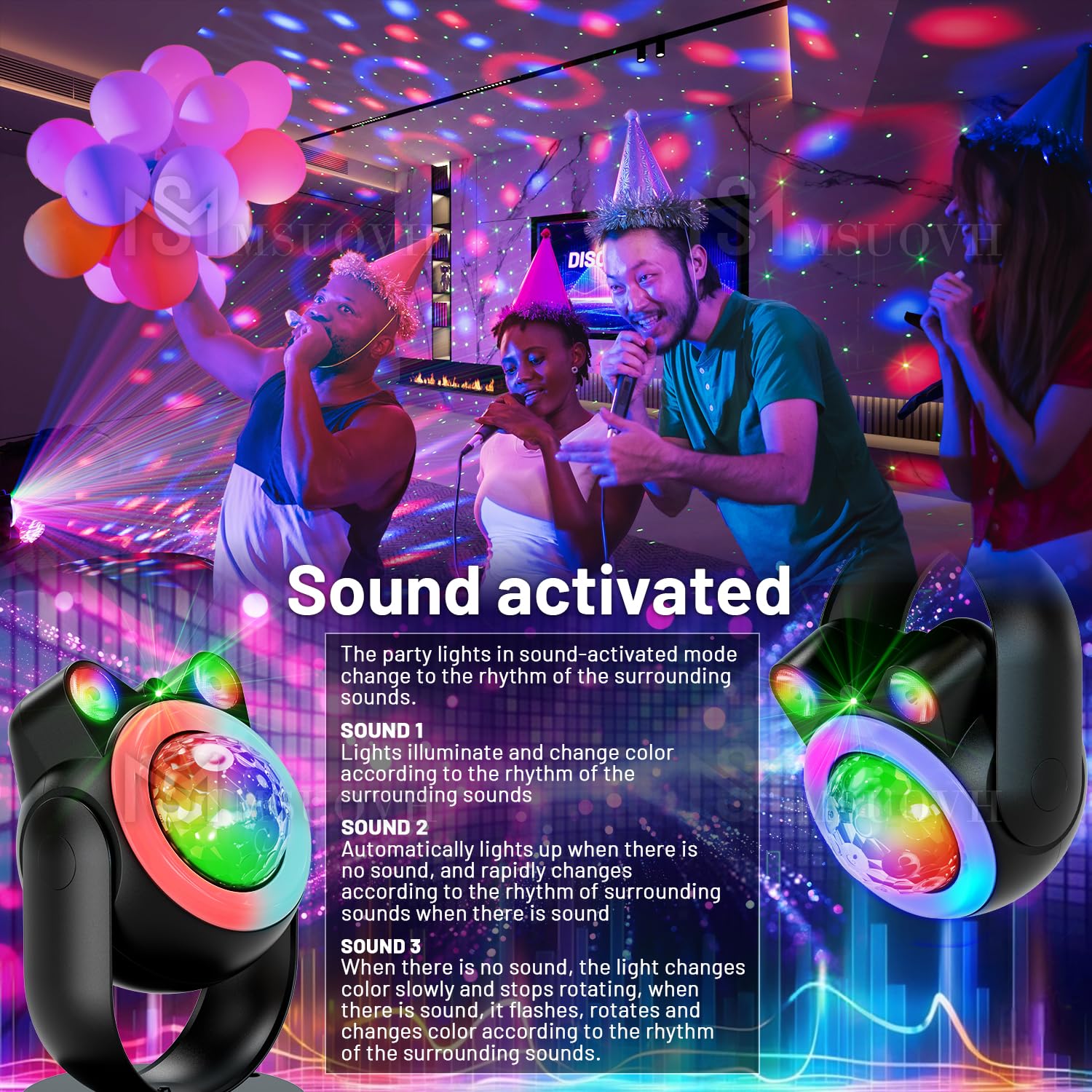 Disco Ball Party Lights, Disco Light With Star Projector 7 Colors Dj Strobe Lamp Sound Activated Stage Strobe Light For Living R