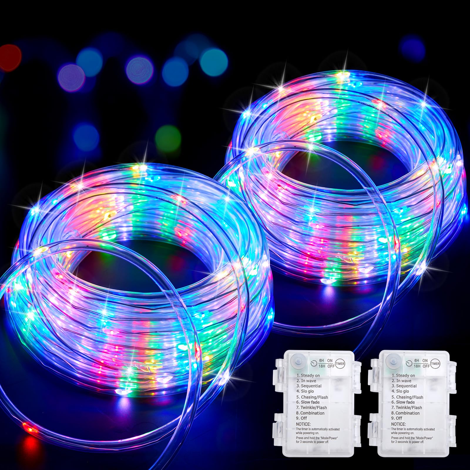 Minetom 2 Pack Battery Operated Christmas Lights Outdoor, Total 66FT 200 LED Outdoor Rope Lights Battery Operated, Fairy Lights with Timer 8 Mode, String Lights for Outdoor Bedroom Indoor, Multicolor