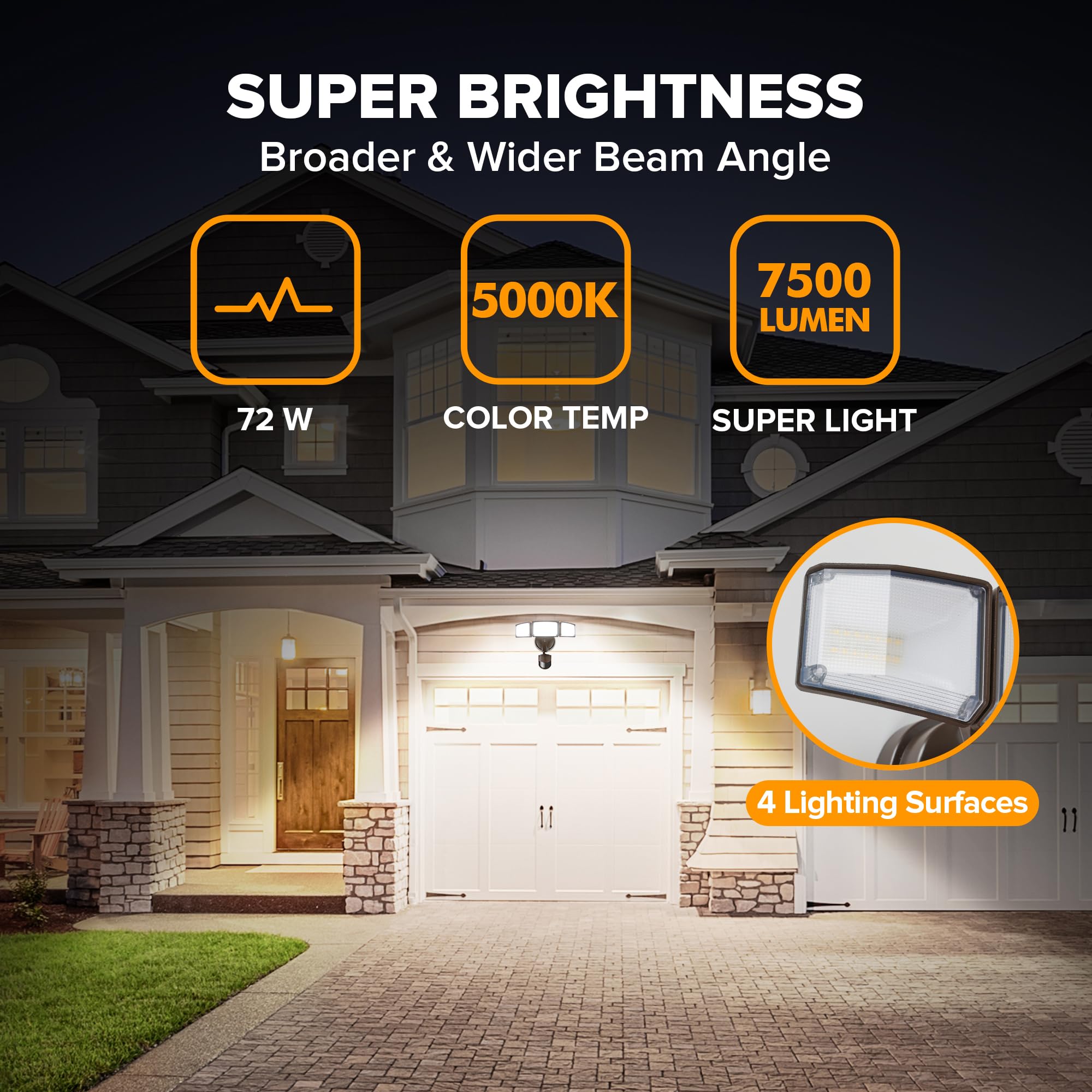 Lutec 72W 7500Lm Led Security Lights Motion Sensor Light Outdoor, 5000K Daylight, Ip65 Waterproof, Dusk To Dawn, 3-Head Motion Detected Flood Light For Garage, Yard, Porch(Brown)