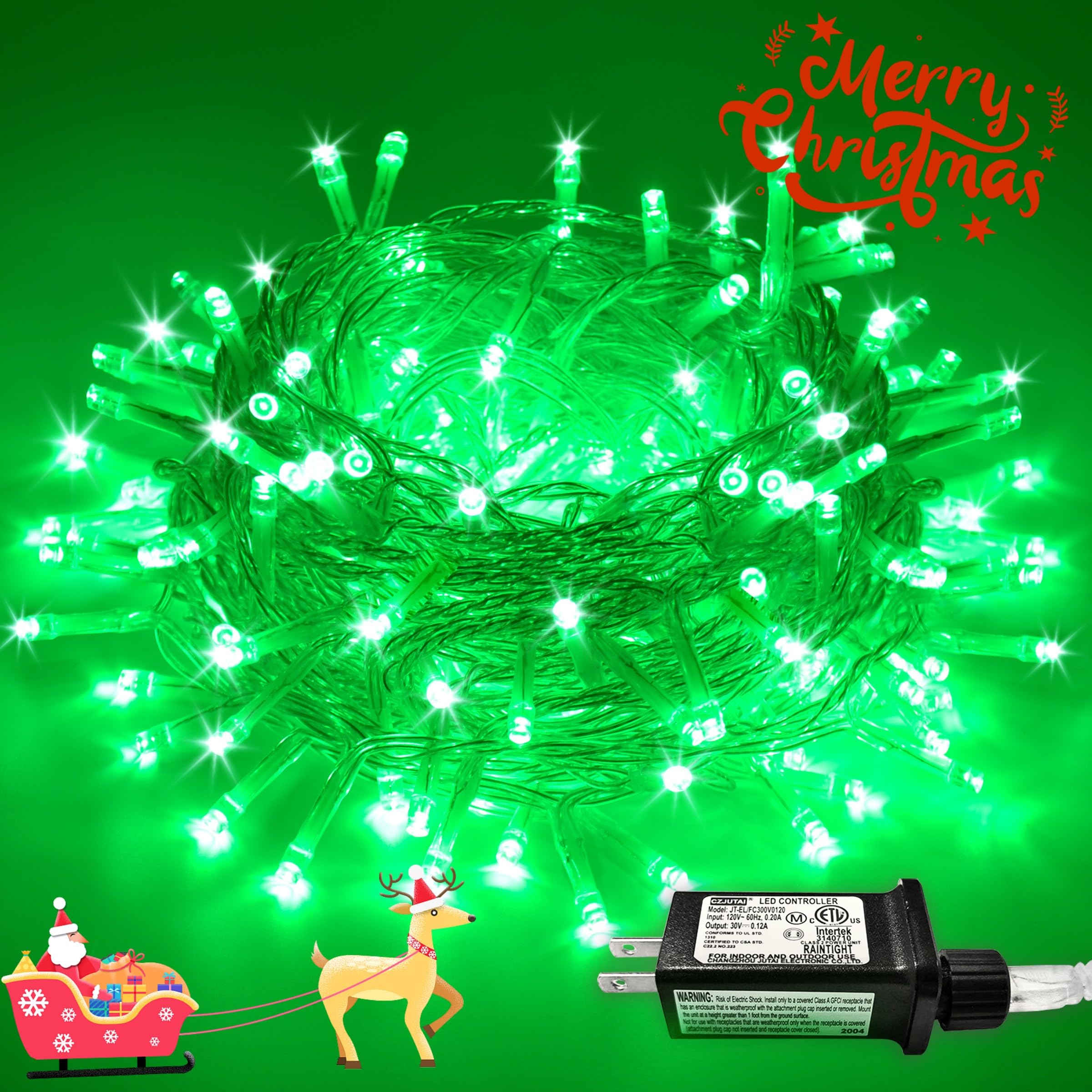 Jmexsuss 66Ft 200 Led Green Christmas Lights, Clear Wire Green Christmas Tree Lights Plug In, 8 Modes Connectable Green String L