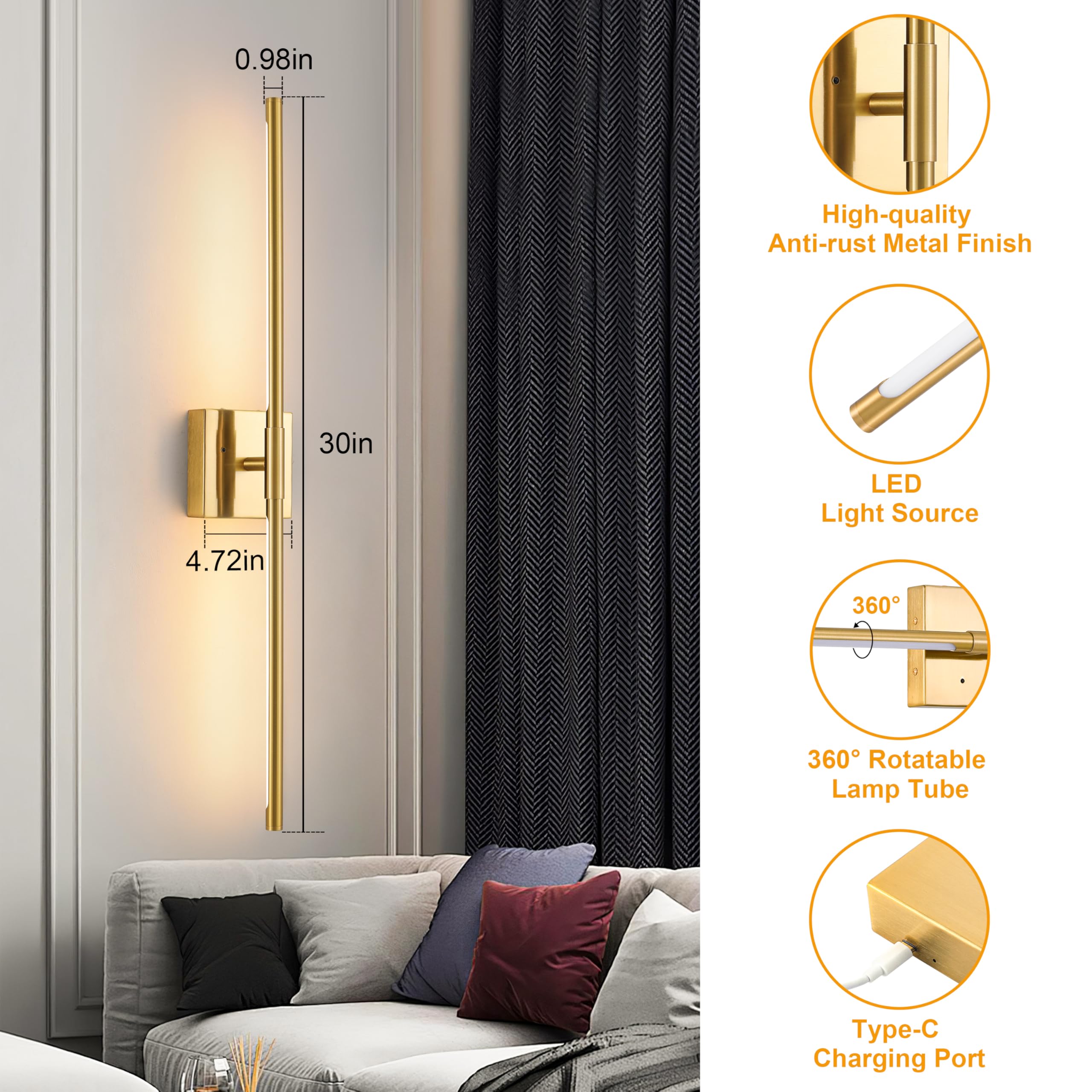 Morauroral Gold Battery Operated Wall Sconce Single, Usb Rechargeable Wall Sconce With Remote, Dimmable Sconce Wall Light, 30 In