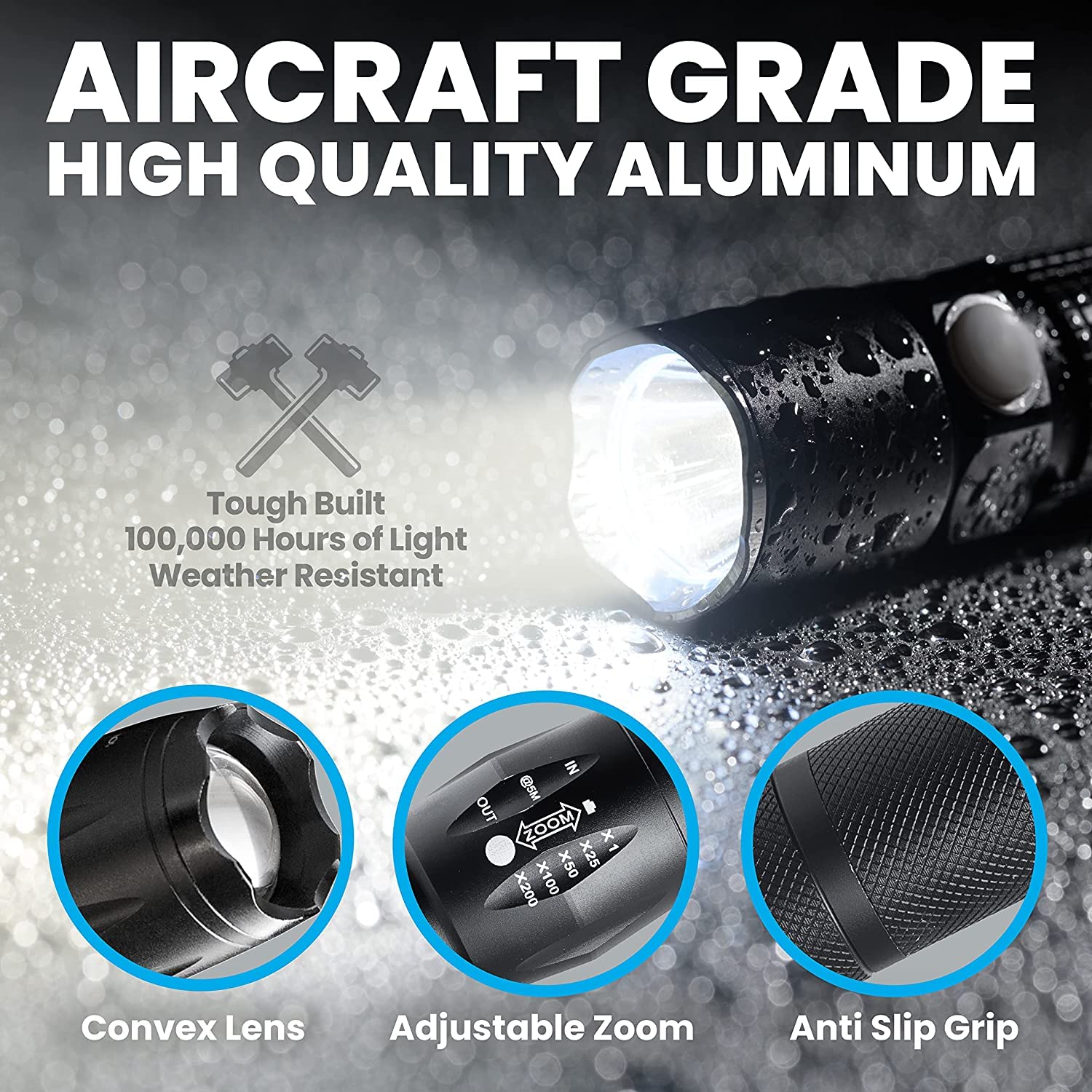 Bell+Howell TacLight Mini Flashlight, 100,000 Hour Bulb, 5 Modes, Zoom Function, Durable Aluminum, Black, Model 1176, 5.4” x