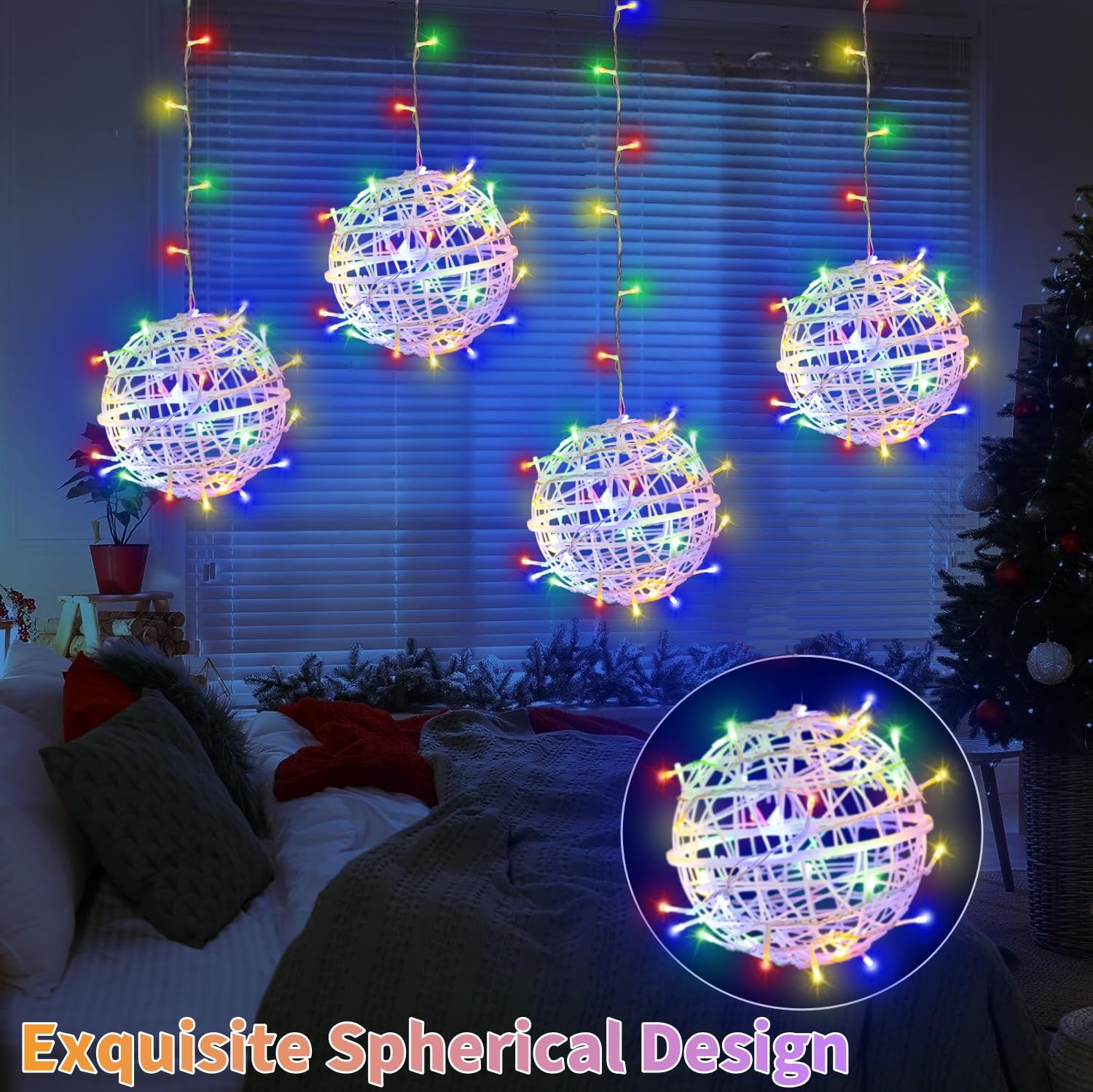 Outdoor Christmas Balls Lights 4 Pack Hanging 11.8 Led Garden Sphere Tree Lights 8 Modes Waterproof String Lights With Memory Timer Plug For Party Yard Porch Eave Patio Home Decoration-Multicolor