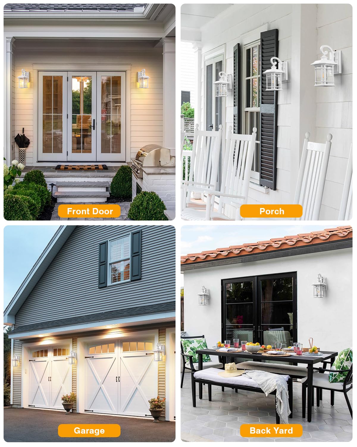 VIANIS Outdoor Wall Lights - 2 Pack Dusk to Dawn White Aluminum Porch Lighting Fixtures, Model V81522WH, Anti-Rust Seed Tempered Glass