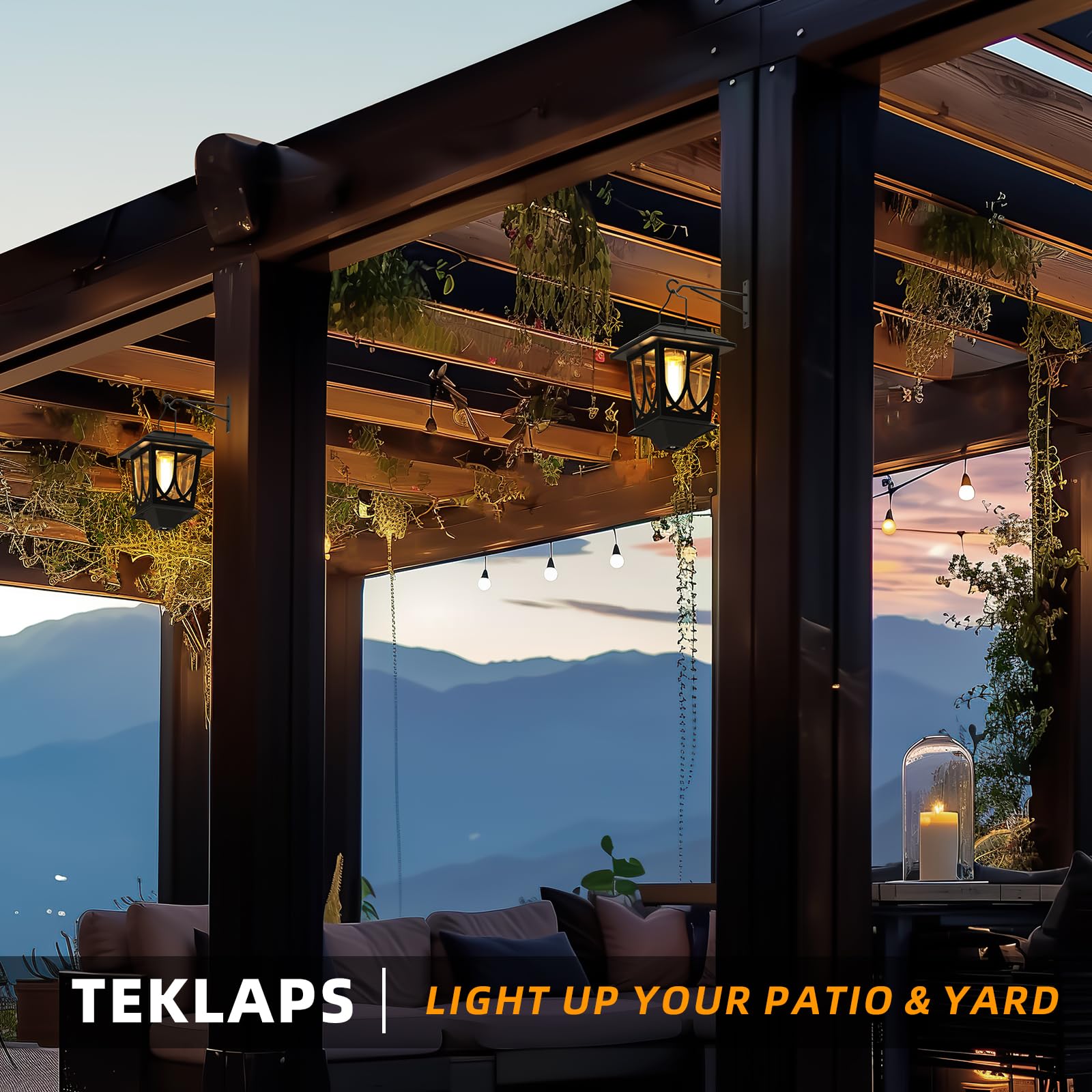 TEKLAPS Solar Lanterns, Waterproof Outdoor LED Lights, Clear Glass, Wall Mount, 2 Pack, Black, Stainless Steel #201, Model: Outdoor Lanterns