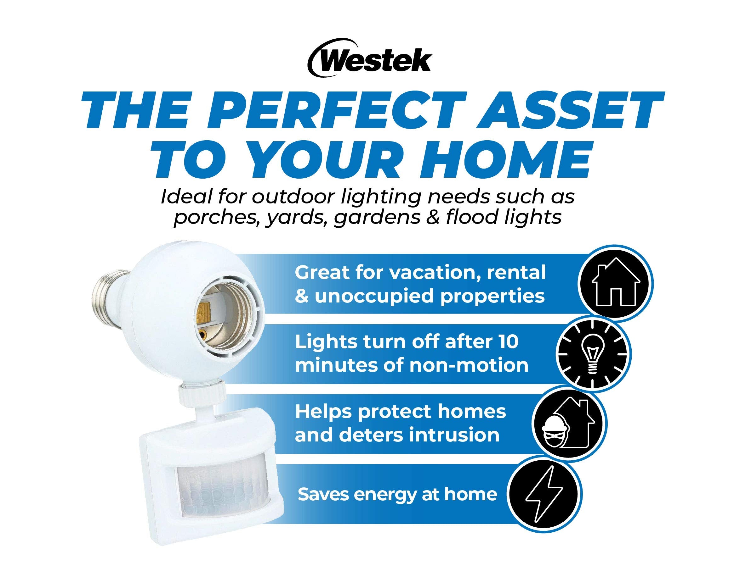 Westek Motion Sensor Light Socket Adapter, 2 Pack, 20ft Detection Range, Model OMLC163BC, Copper Material