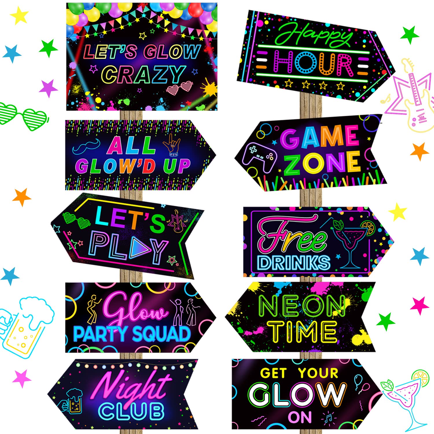 20 Pcs Glow in The Dark Party Decoration Signs Glow Neon Signs Decor Glow Party Supplies Neon Happy Birthday Party Decorations L