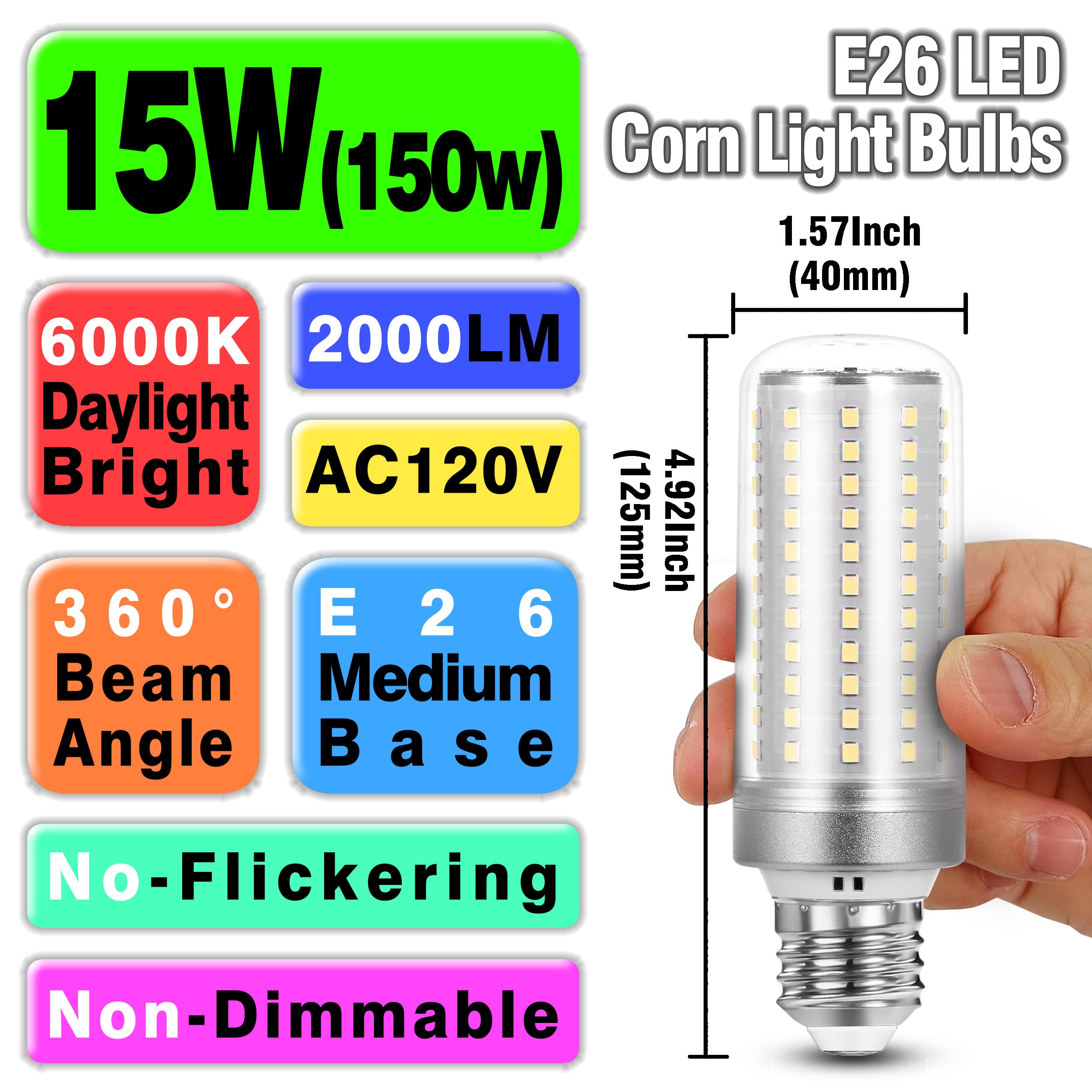 Big 1.57X 4.92Inch  E26 Led Corn Light Bulb 150W Equivalent 2200 Lm 6000K Cool Daylight Bright 15W E27 Medium Base Non-Dimmable Candelabra Ceiling Fan Corn Lighting For Home Garage Warehouse 5Pack