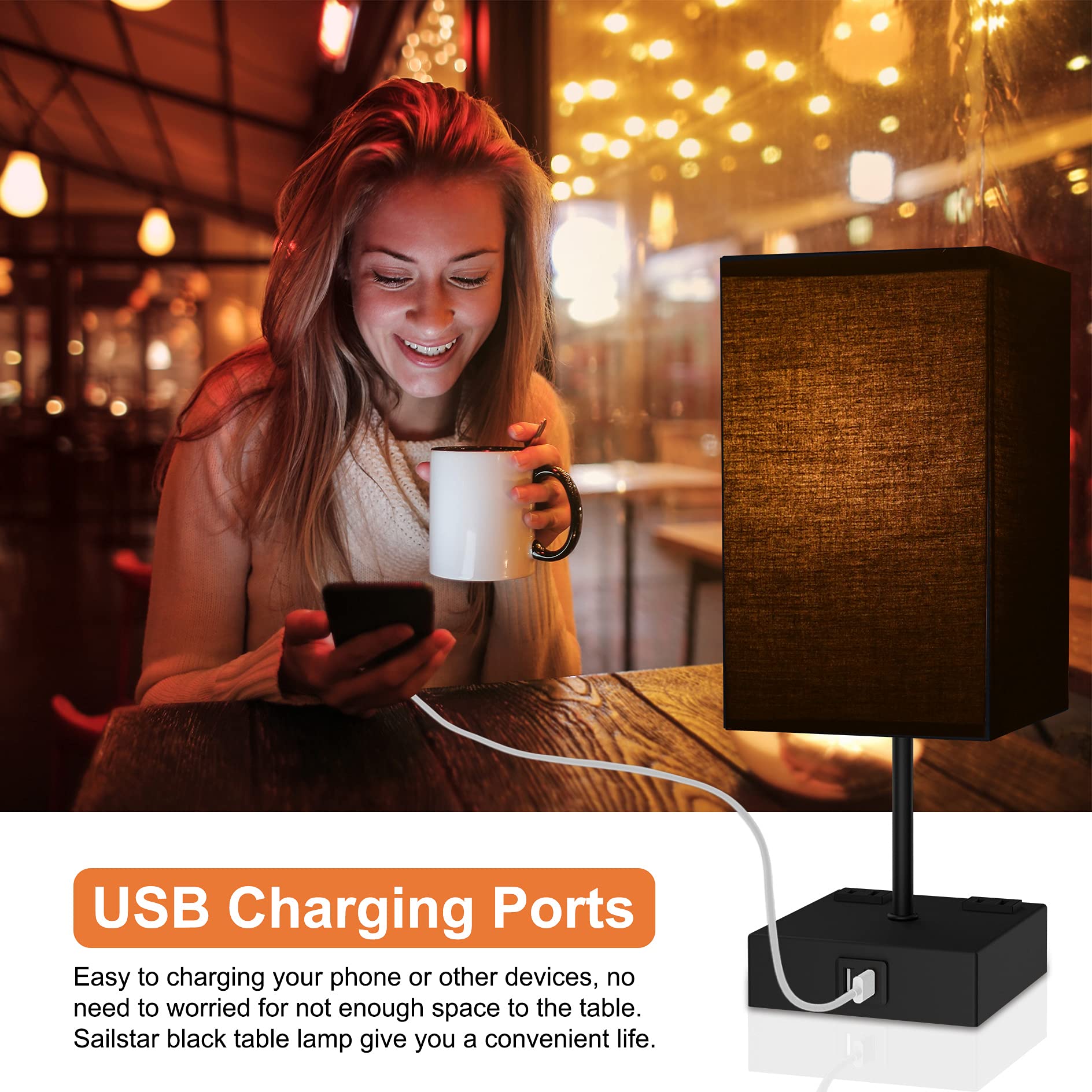 Sailstar 3-Way Dimmable Touch Table Lamp, 14.9" Black Metal Bedside Lamp with 2 USB Ports & Outlet, Ideal for Bedroom & Living Room