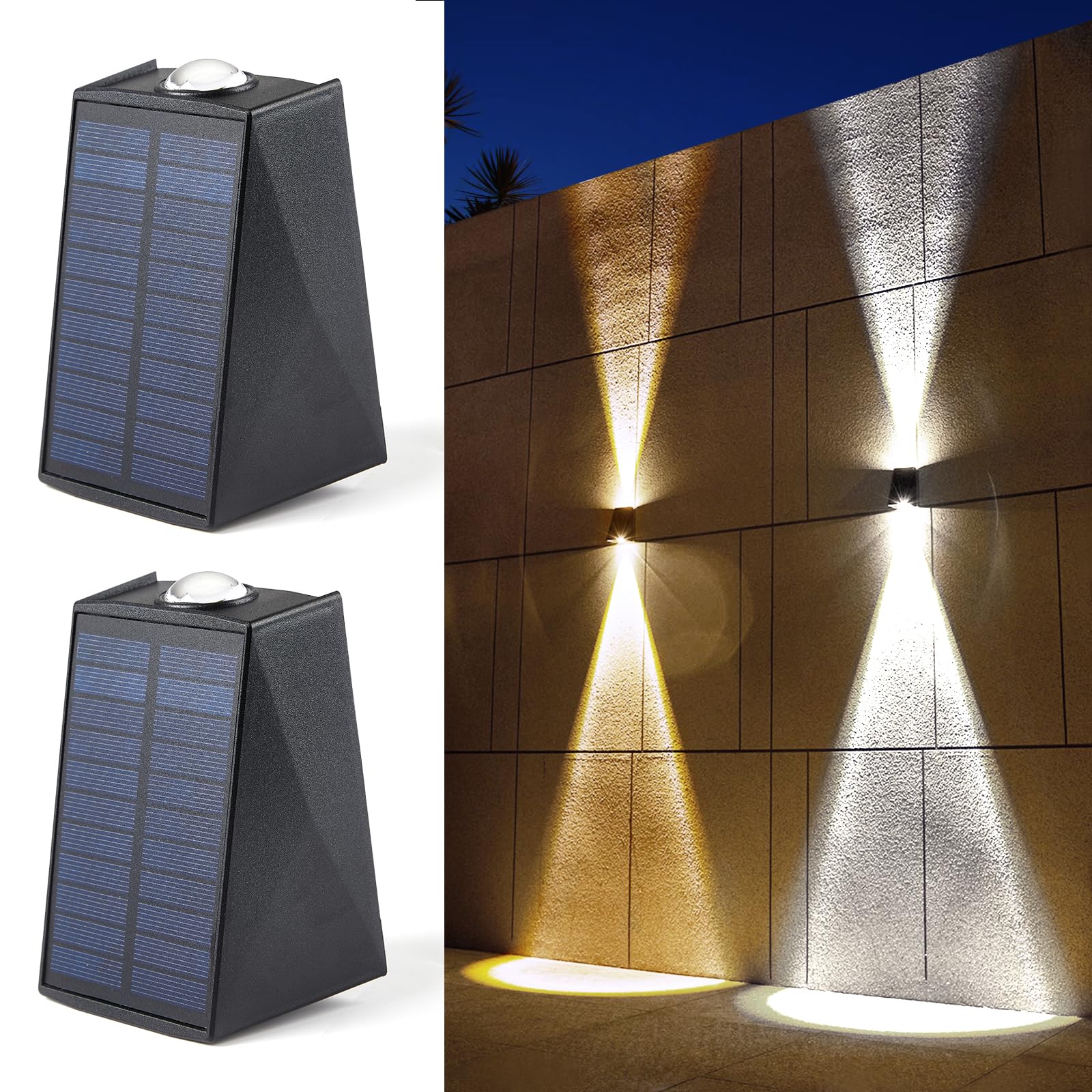 LUHLEE Solar Wall Lights Outdoor, 2000 mAh, IP65 Waterproof, Dual Color, 2-Pack, Model MDC150405