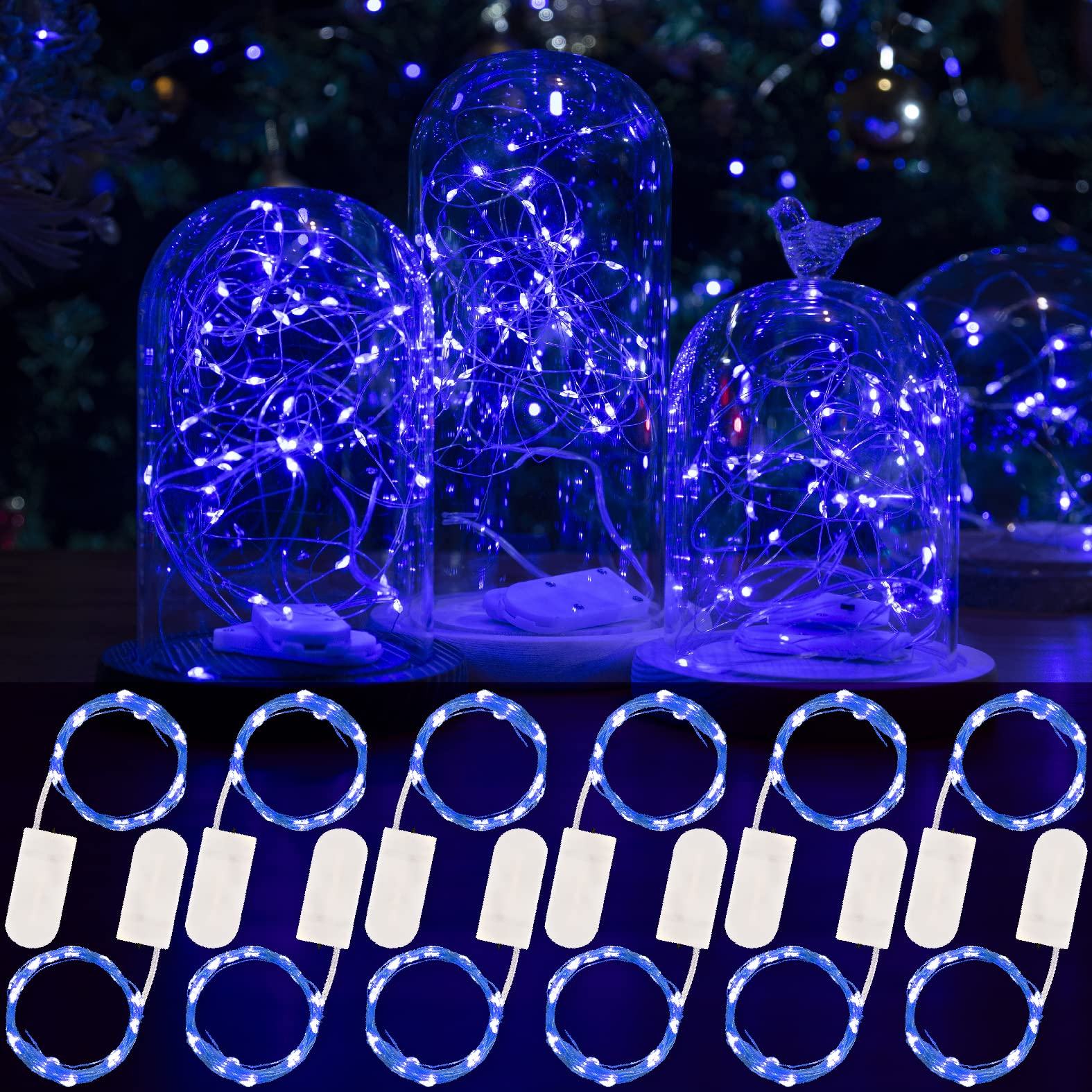 HXWEIYE 12 Pack Blue Fairy Lights, Battery Operated, 7ft, Silver Copper, Model HY100150-20-blue, for DIY Wedding Party Décor