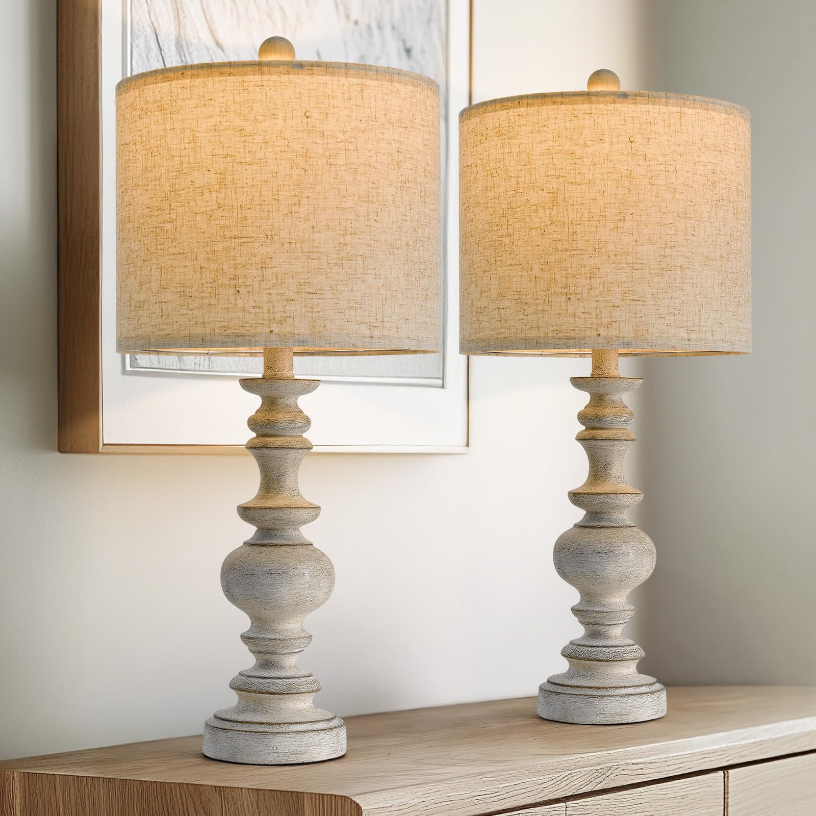 Bobomomo 24Farmhouse Retro Table Lamp Set Of 2, Traditional Resin Lamps For Living Room Bedroom, Vintage Bedroom Lamps With Line