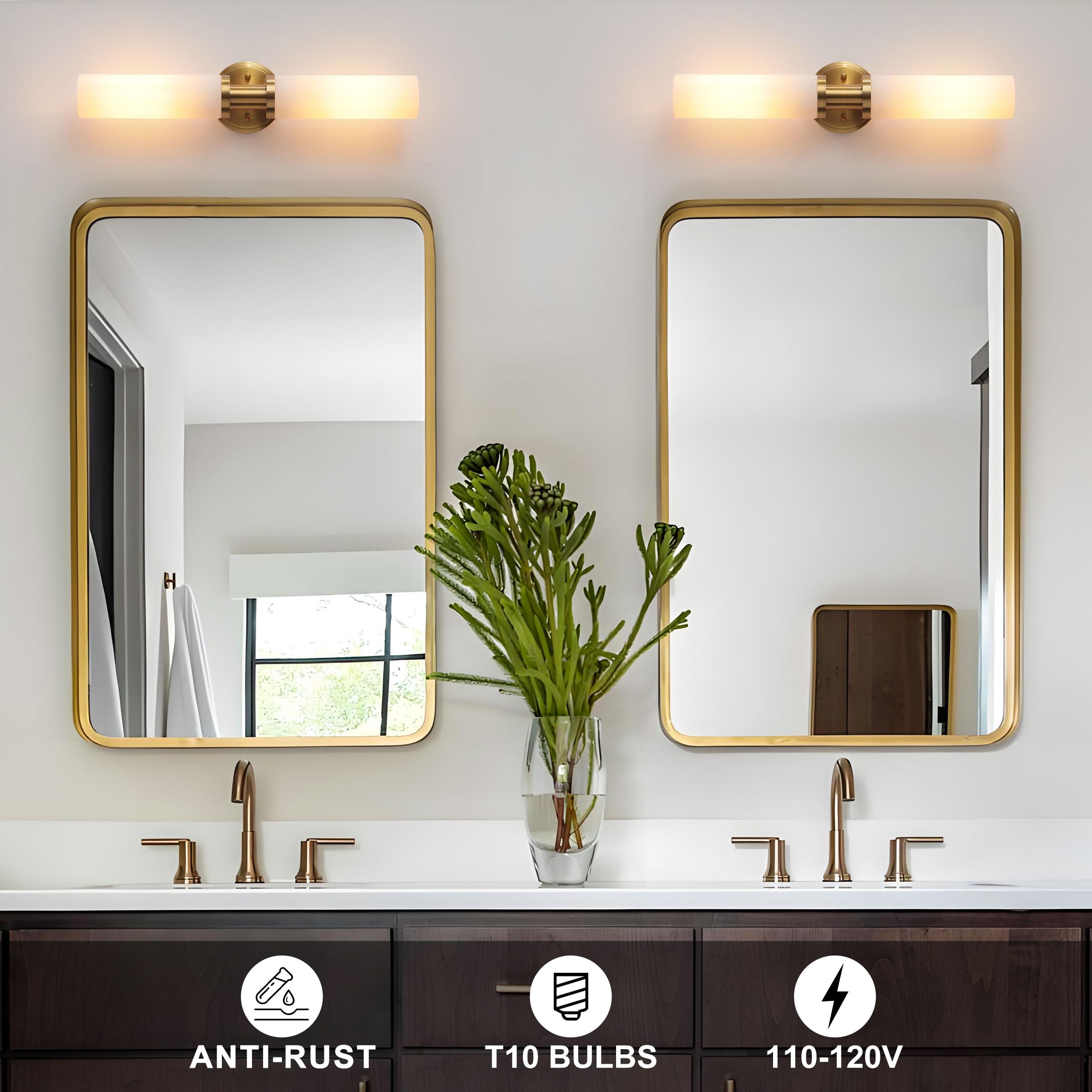KUZZULL Wall Sconces Set of 2, Brass Gold Modern Lighting with White Glass for Bathroom, Living Room, Hallway, Bedroom