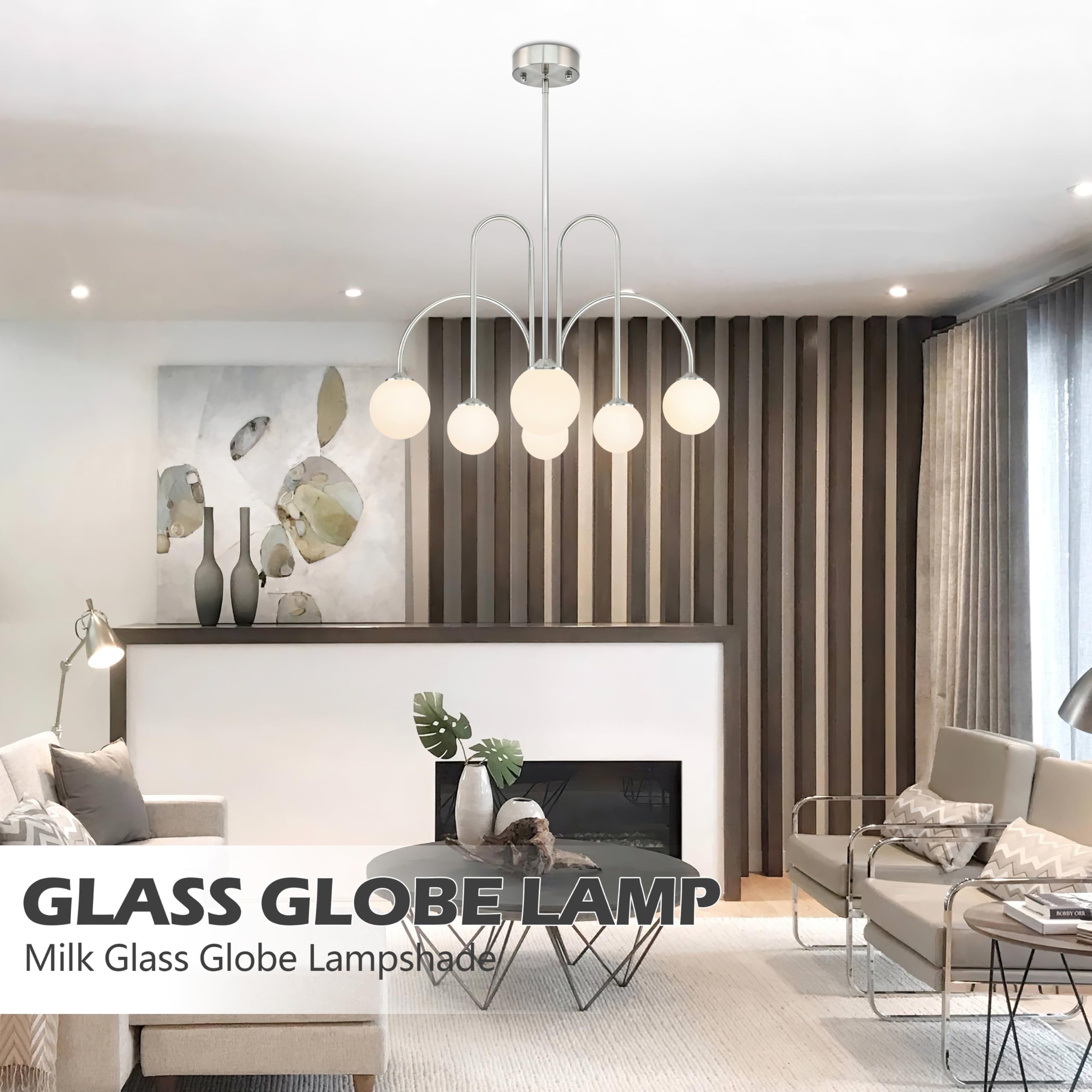 Bagood 6-Light Globe Chandelier, Modern Sputnik Design, Dimmable, Opal Nickel, 29.5 in, G9 Bulb & Remote Included