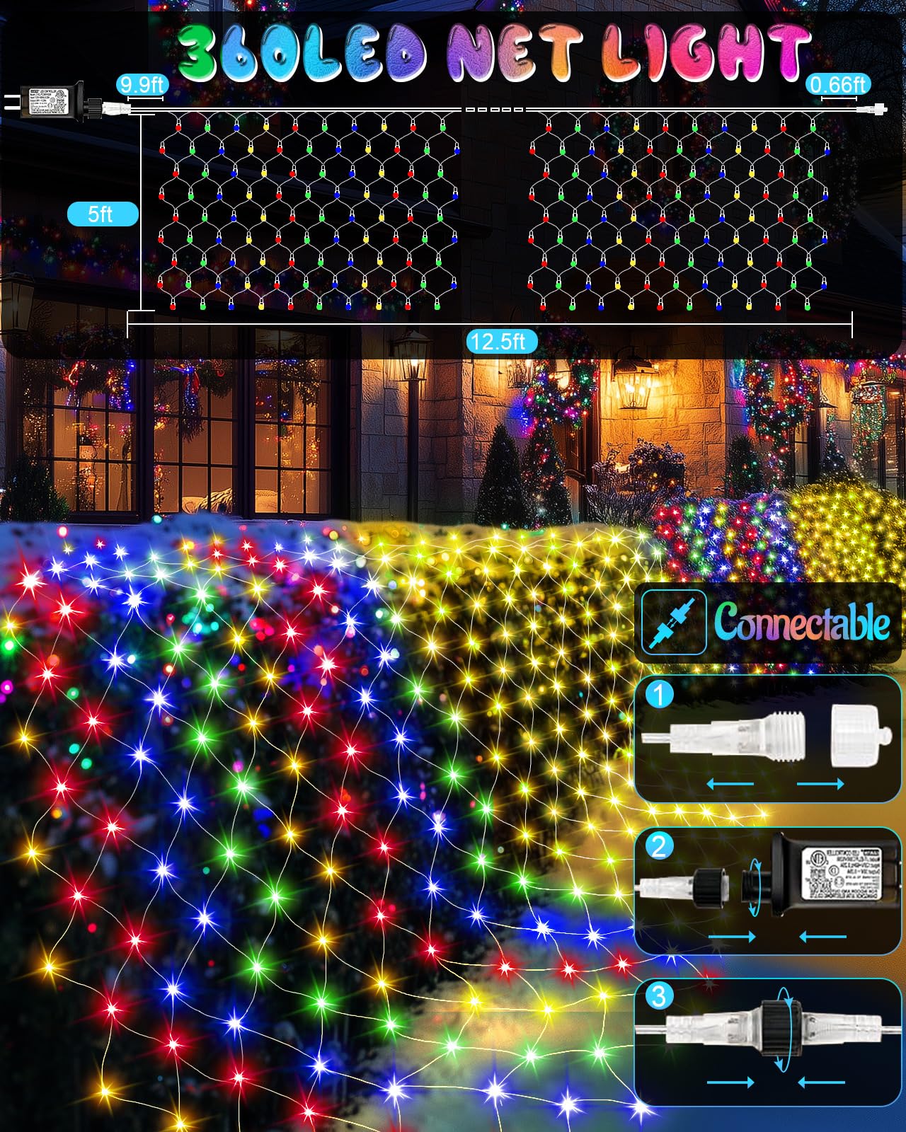 12Ft X 5Ft Christmas Net Lights Outdoor, 360 Led Bush Mesh Lights Lights With Remote, 11 Modes Color Changing Halloween Lights F