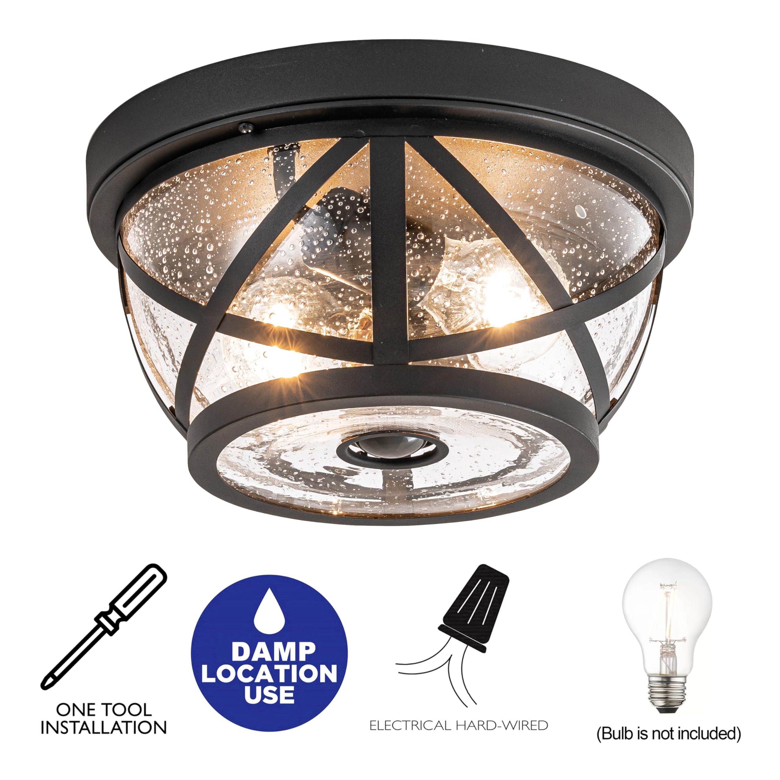 Laplusbelle Motion Sensor Ceiling Light Fixture, Round Matte Black Metal, Waterproof, Model LA2346-FM, Ideal for Outdoor/Indoor Use